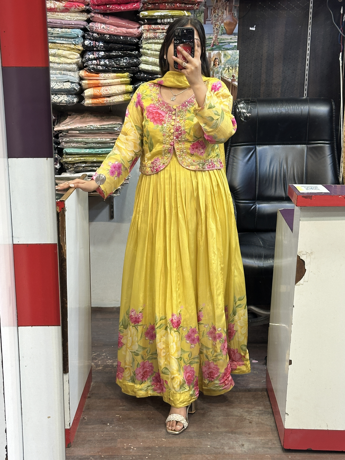 Yellow Crepe Floral Print Full Flair Anarkali Suit with Embroidered Jacket