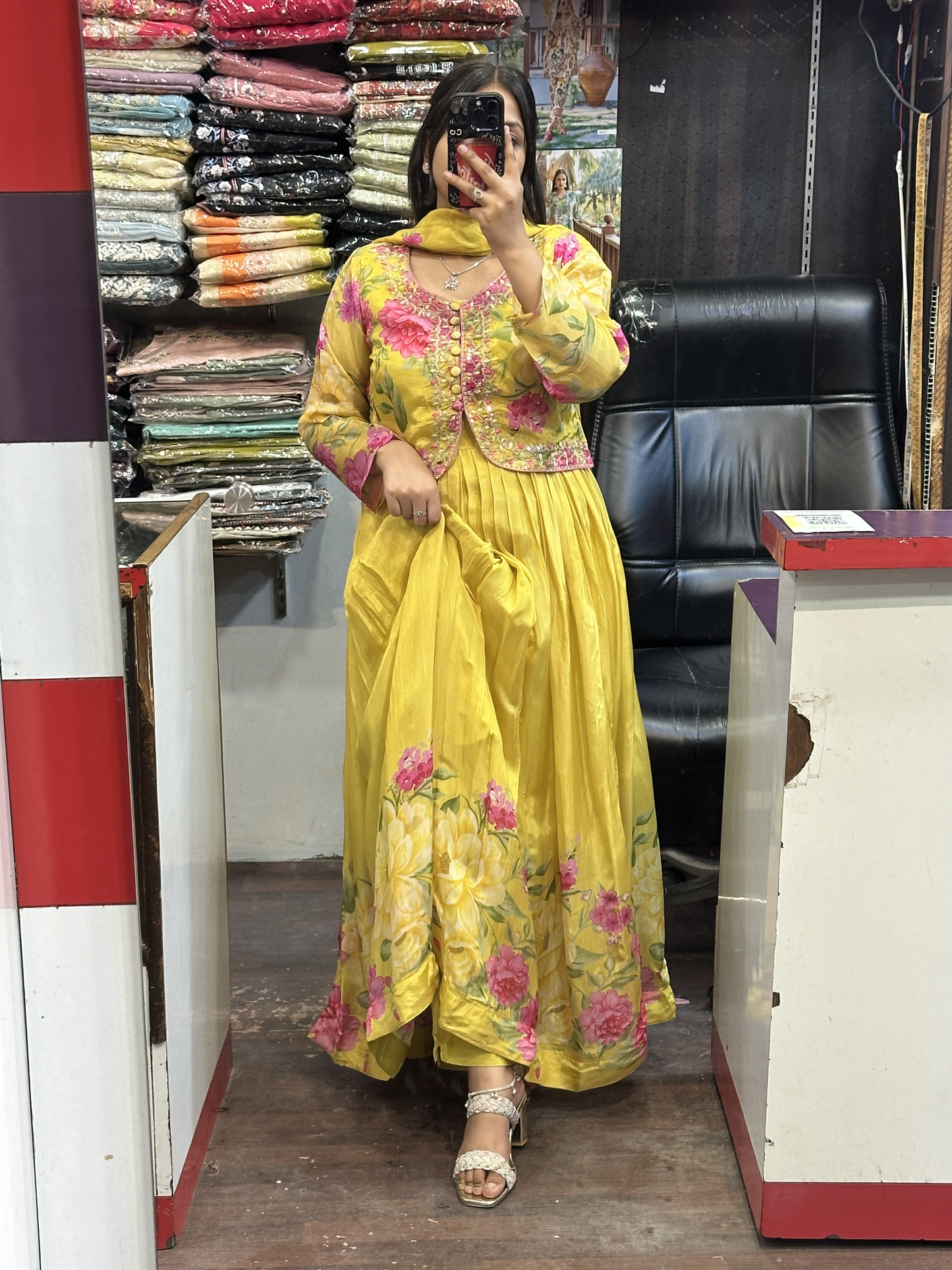 Yellow Crepe Floral Print Full Flair Anarkali Suit with Embroidered Jacket
