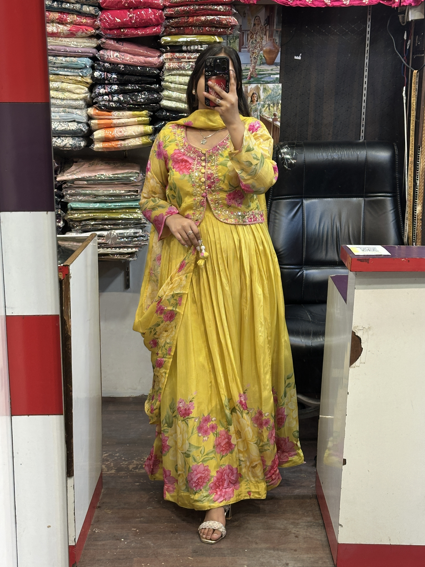 Yellow Crepe Floral Print Full Flair Anarkali Suit with Embroidered Jacket