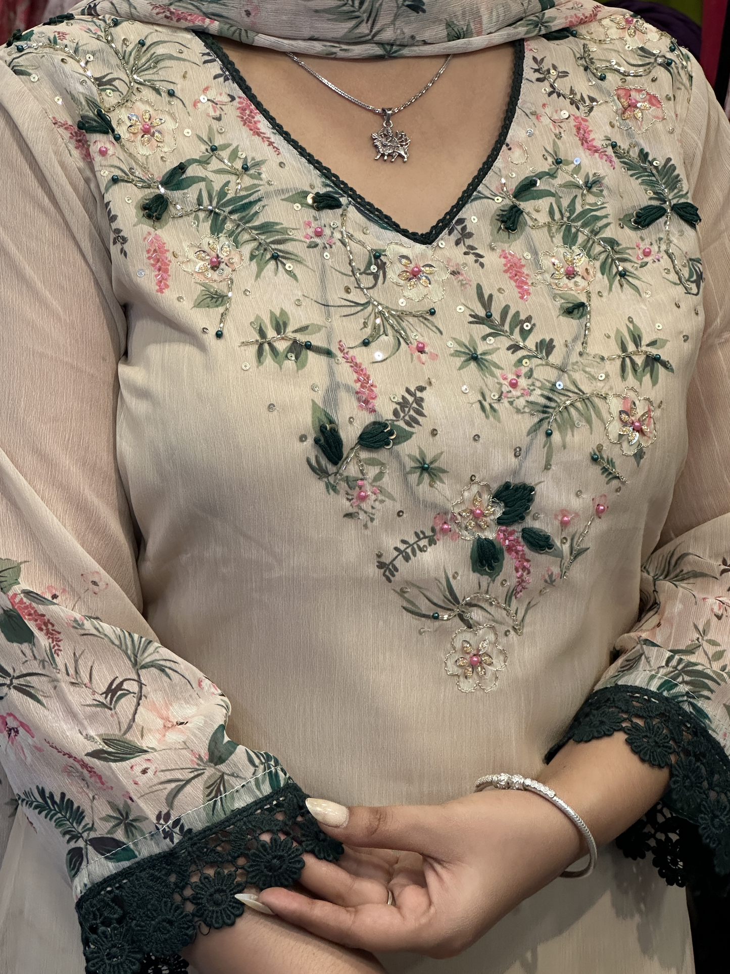 Festival Special 3pc Suit in Soft Chiffon Embroidered with Lining Pant and Printed Full Dupatta
