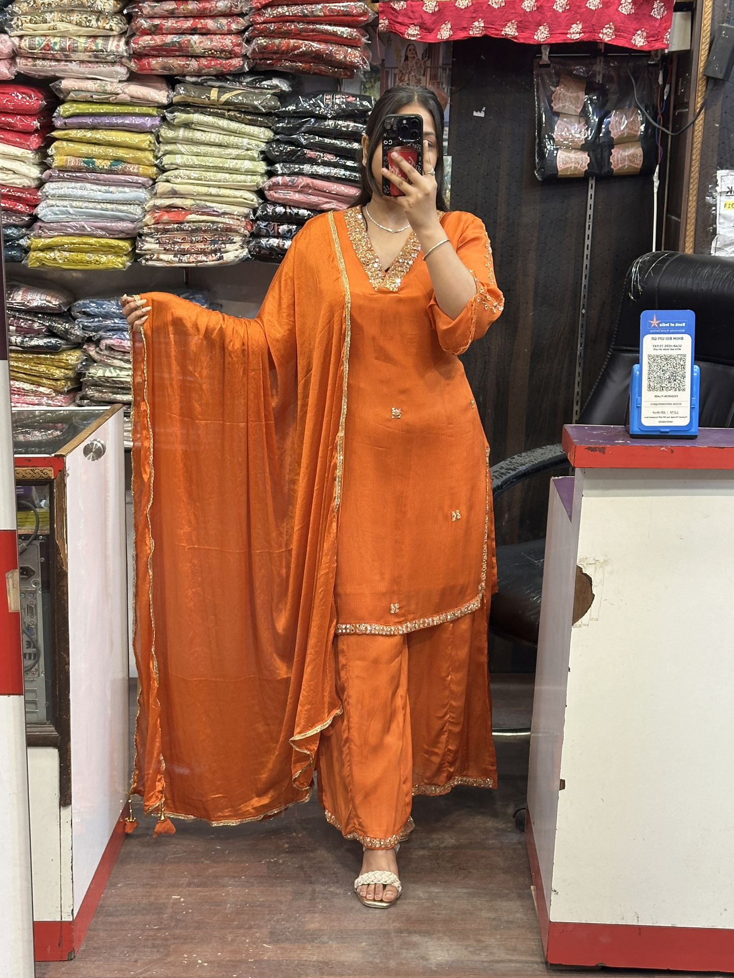 Rust V Neck Mirror Handwork Pure Chinnon 3pc Dress with Lining & Embroidered Full Flared Divider Handwork with Designer Handwork Sleeves and Full Pure Chinnon Dupatta