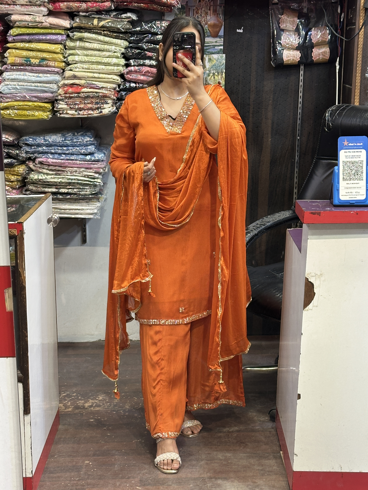 Rust V Neck Mirror Handwork Pure Chinnon 3pc Dress with Lining & Embroidered Full Flared Divider Handwork with Designer Handwork Sleeves and Full Pure Chinnon Dupatta