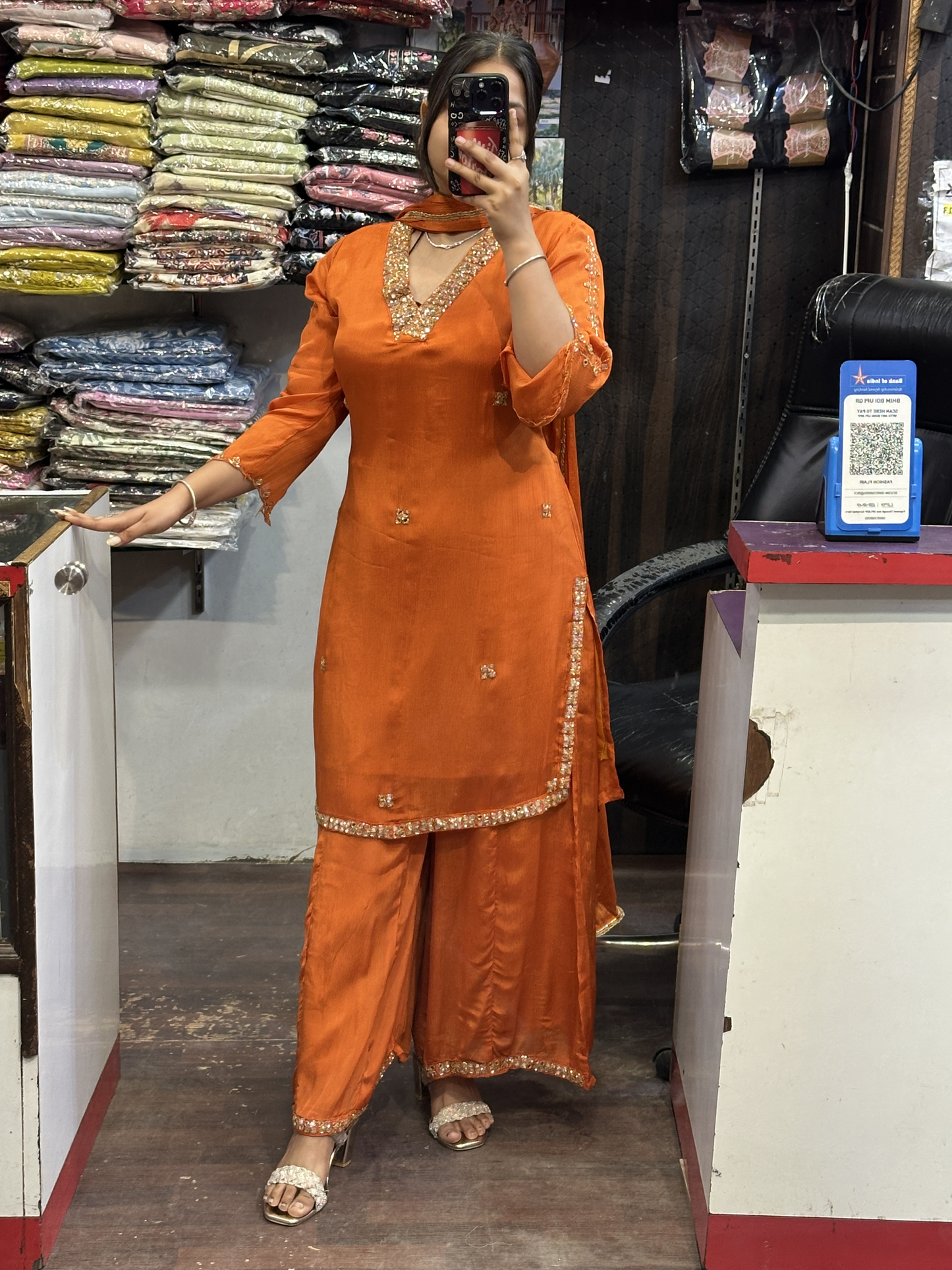 Rust V Neck Mirror Handwork Pure Chinnon 3pc Dress with Lining & Embroidered Full Flared Divider Handwork with Designer Handwork Sleeves and Full Pure Chinnon Dupatta