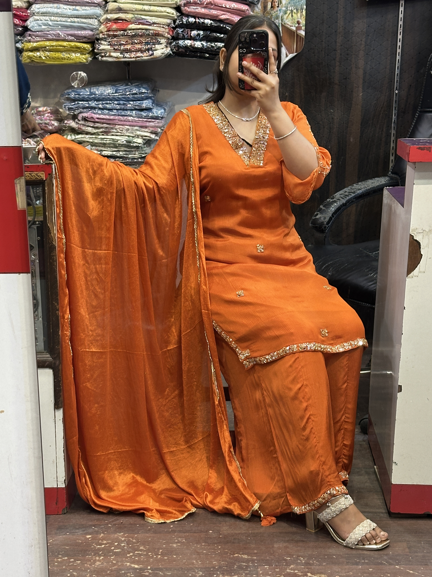 Rust V Neck Mirror Handwork Pure Chinnon 3pc Dress with Lining & Embroidered Full Flared Divider Handwork with Designer Handwork Sleeves and Full Pure Chinnon Dupatta