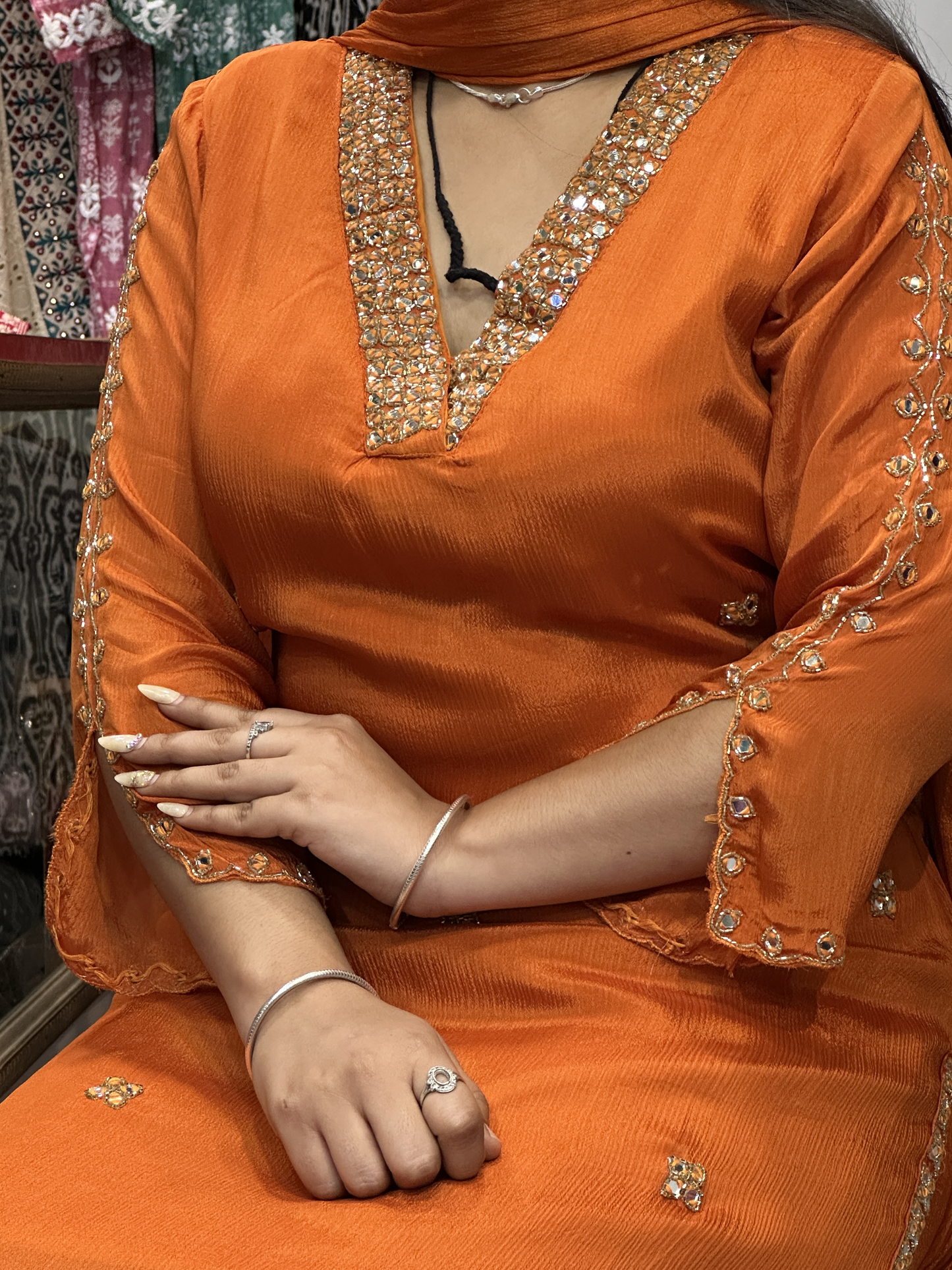 Rust V Neck Mirror Handwork Pure Chinnon 3pc Dress with Lining & Embroidered Full Flared Divider Handwork with Designer Handwork Sleeves and Full Pure Chinnon Dupatta