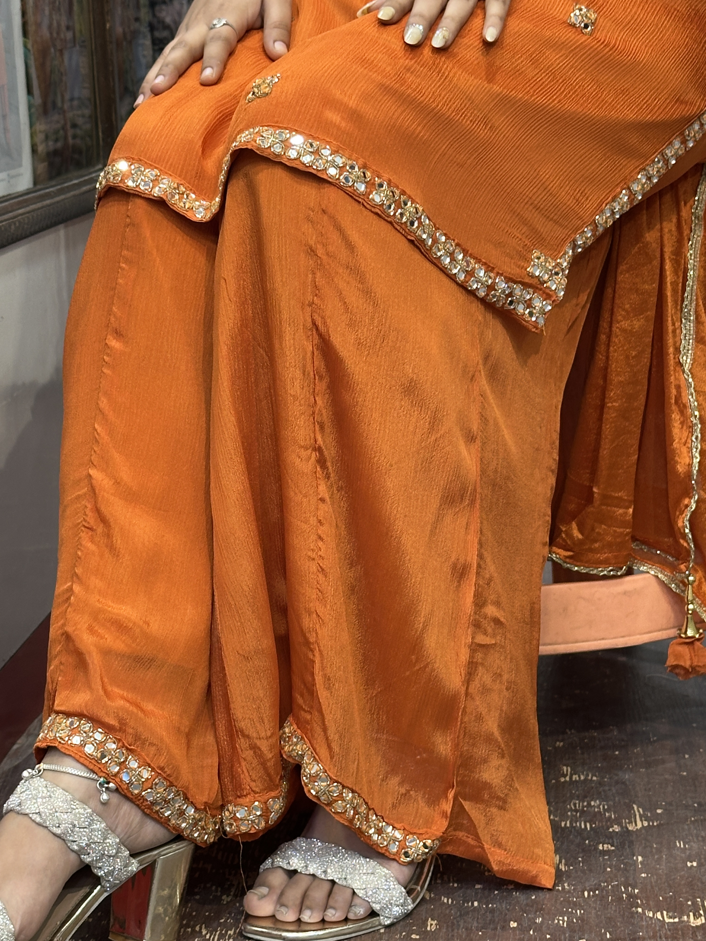 Rust V Neck Mirror Handwork Pure Chinnon 3pc Dress with Lining & Embroidered Full Flared Divider Handwork with Designer Handwork Sleeves and Full Pure Chinnon Dupatta
