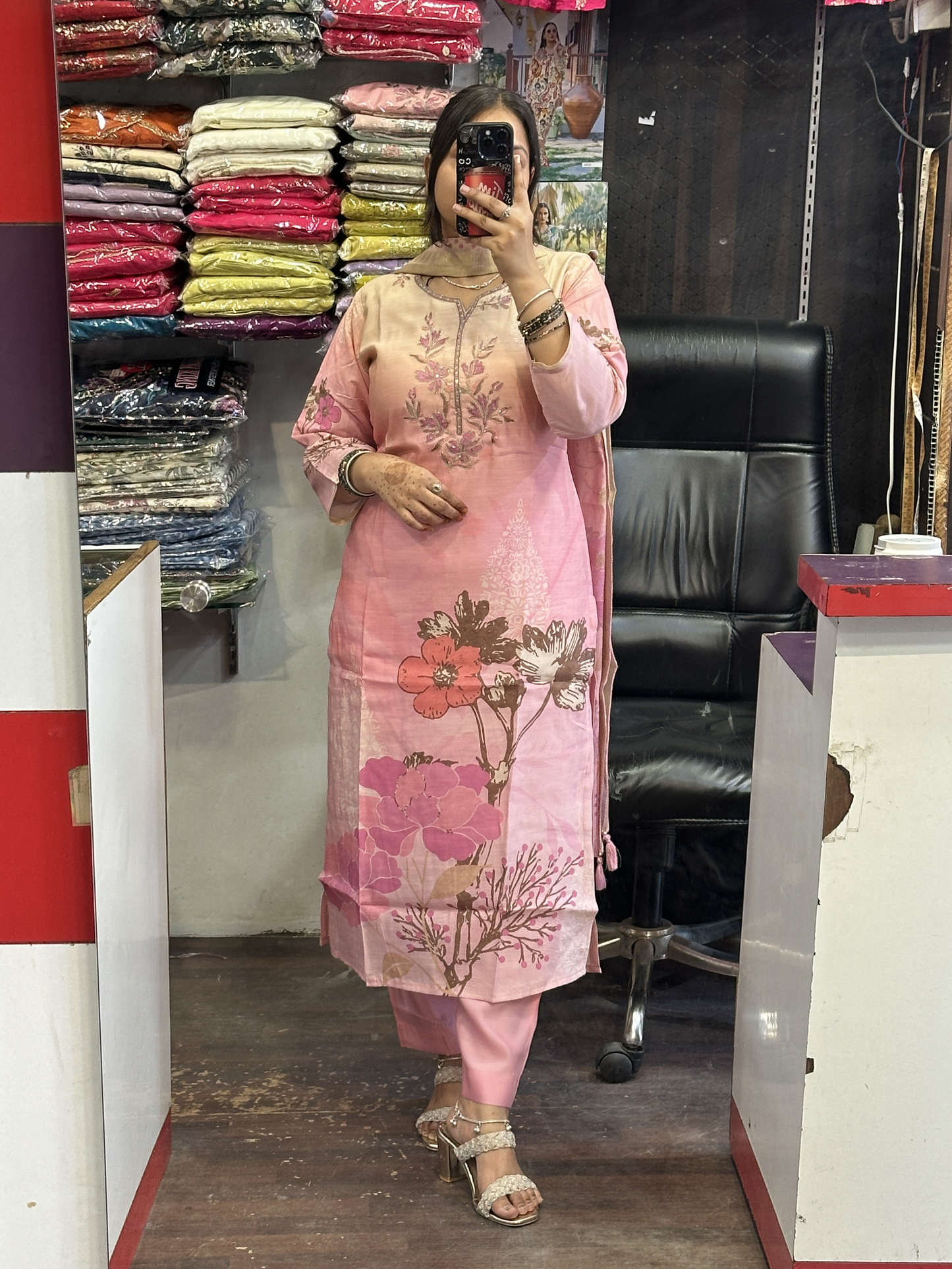 Peach Silk Slub Digital Print Suit with Machine Work in Neckline Having Handmade Tessels with Cotton Lining with Pant & Full Digital Dupatta