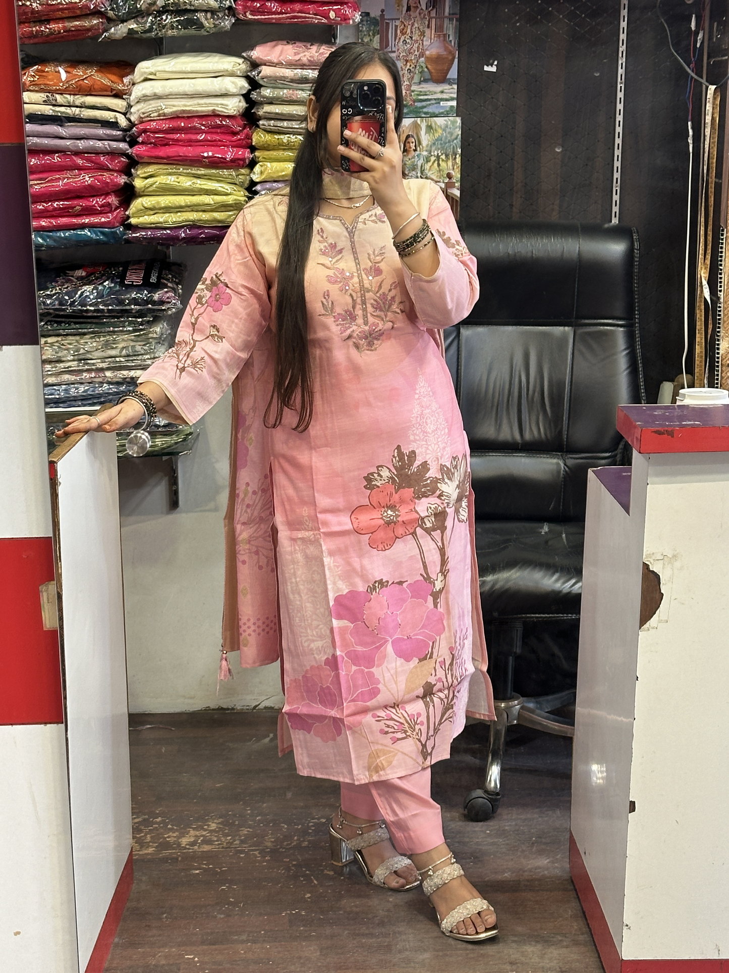 Peach Silk Slub Digital Print Suit with Machine Work in Neckline Having Handmade Tessels with Cotton Lining with Pant & Full Digital Dupatta
