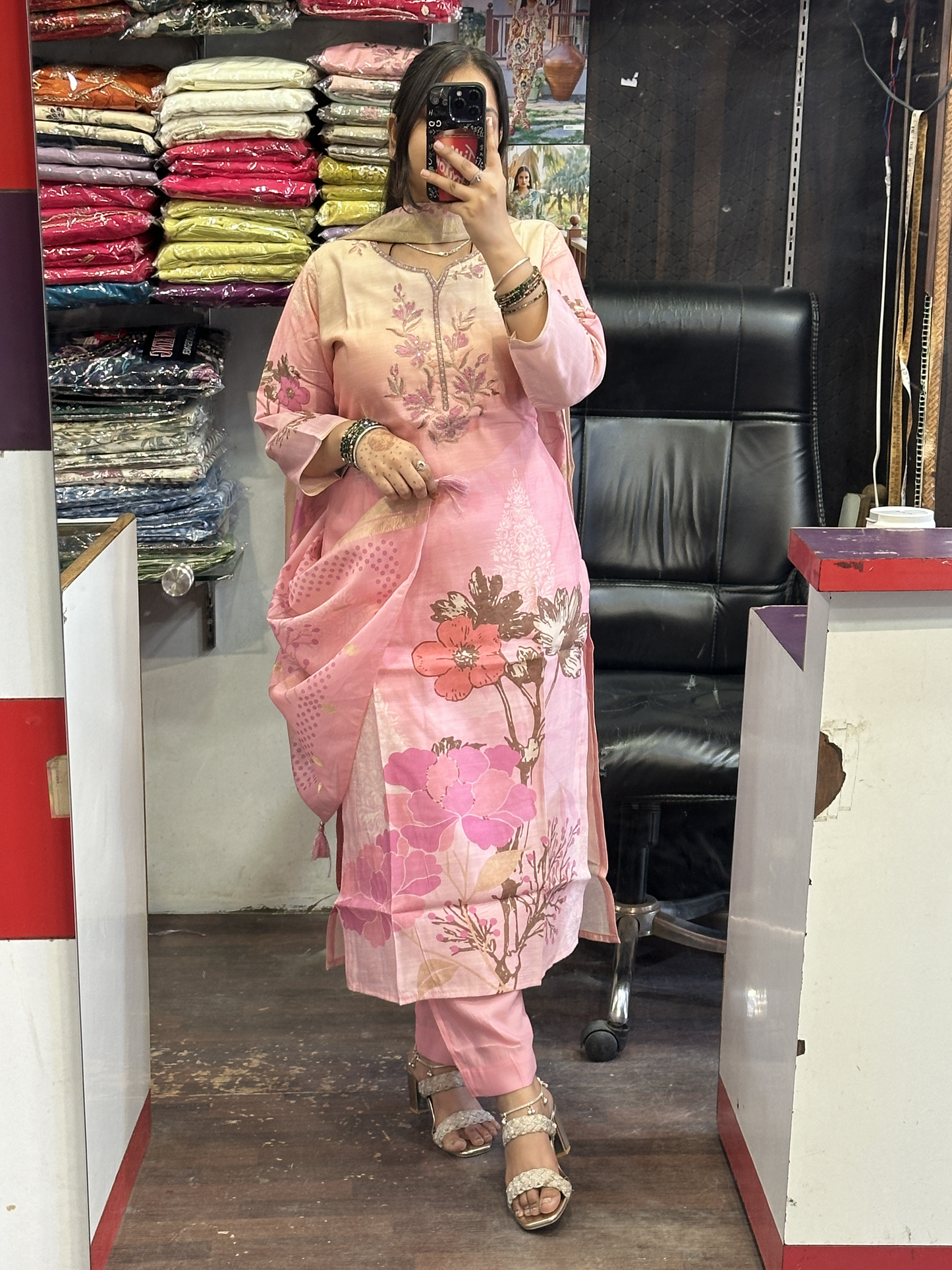 Peach Silk Slub Digital Print Suit with Machine Work in Neckline Having Handmade Tessels with Cotton Lining with Pant & Full Digital Dupatta