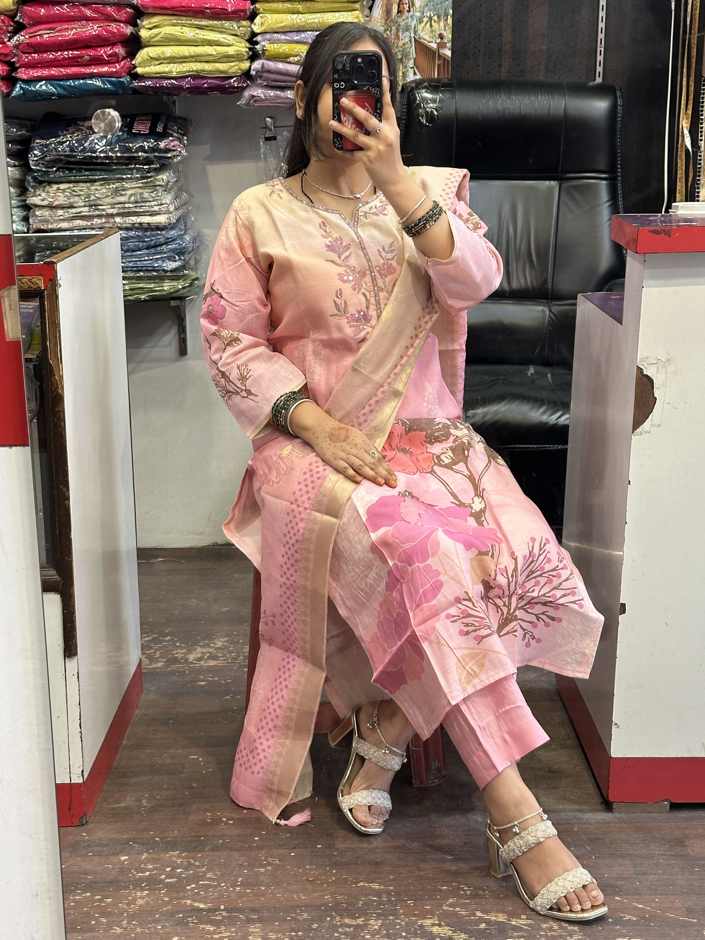 Peach Silk Slub Digital Print Suit with Machine Work in Neckline Having Handmade Tessels with Cotton Lining with Pant & Full Digital Dupatta