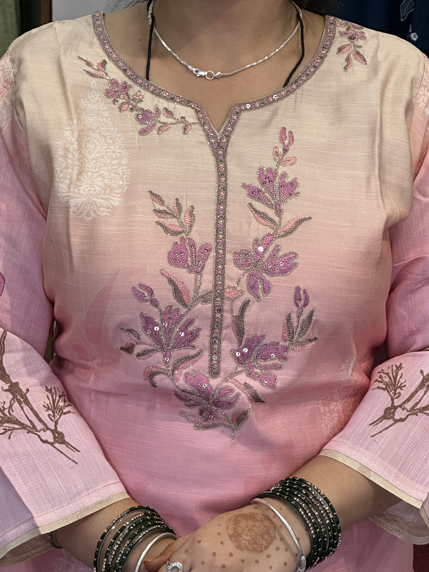 Peach Silk Slub Digital Print Suit with Machine Work in Neckline Having Handmade Tessels with Cotton Lining with Pant & Full Digital Dupatta