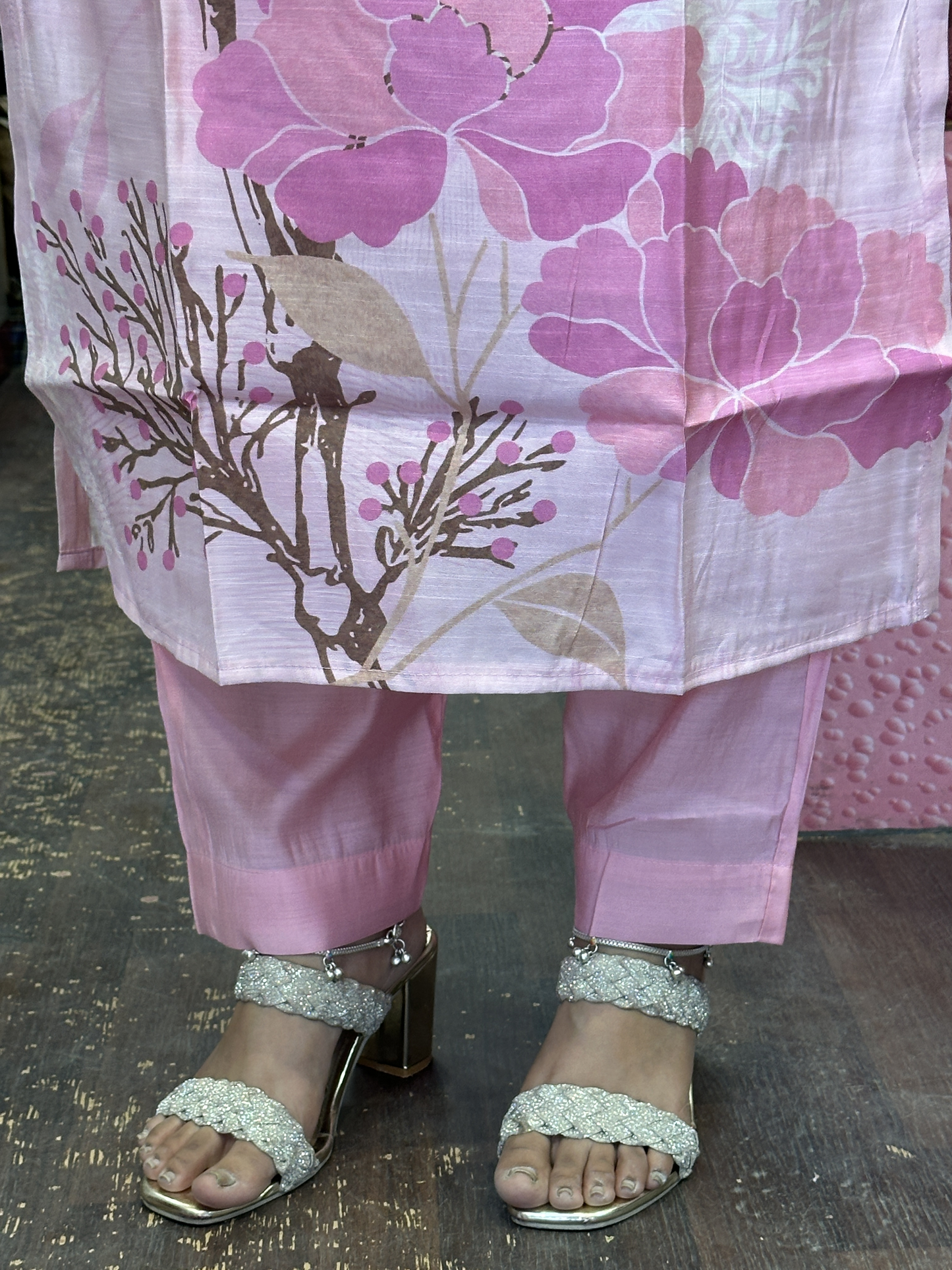 Peach Silk Slub Digital Print Suit with Machine Work in Neckline Having Handmade Tessels with Cotton Lining with Pant & Full Digital Dupatta