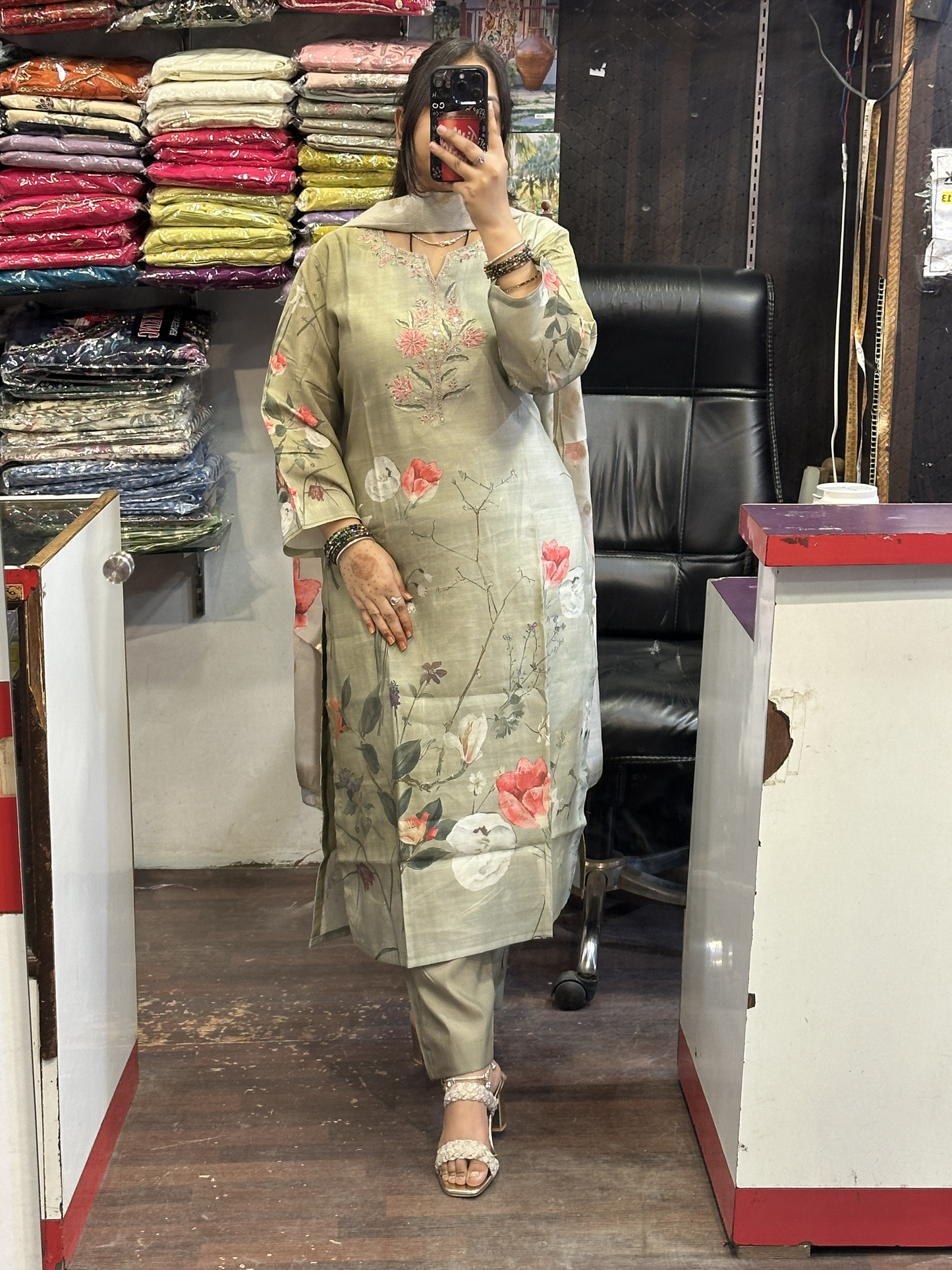 Silk Slub Digital Print Suit with Machine Work in Neckline Having Handmade Tessels with Cotton Lining with Pant & Full Digital Dupatta