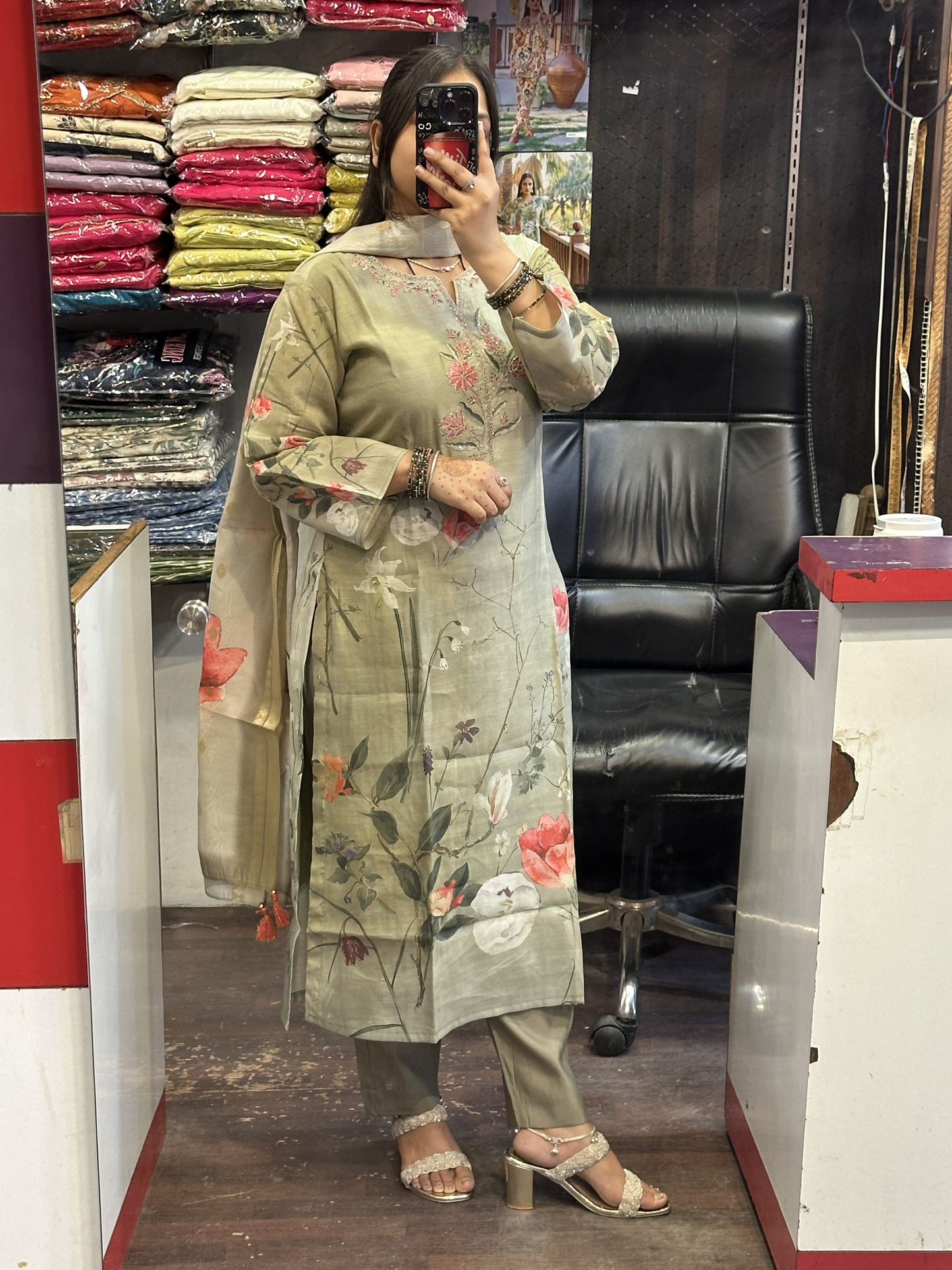 Silk Slub Digital Print Suit with Machine Work in Neckline Having Handmade Tessels with Cotton Lining with Pant & Full Digital Dupatta