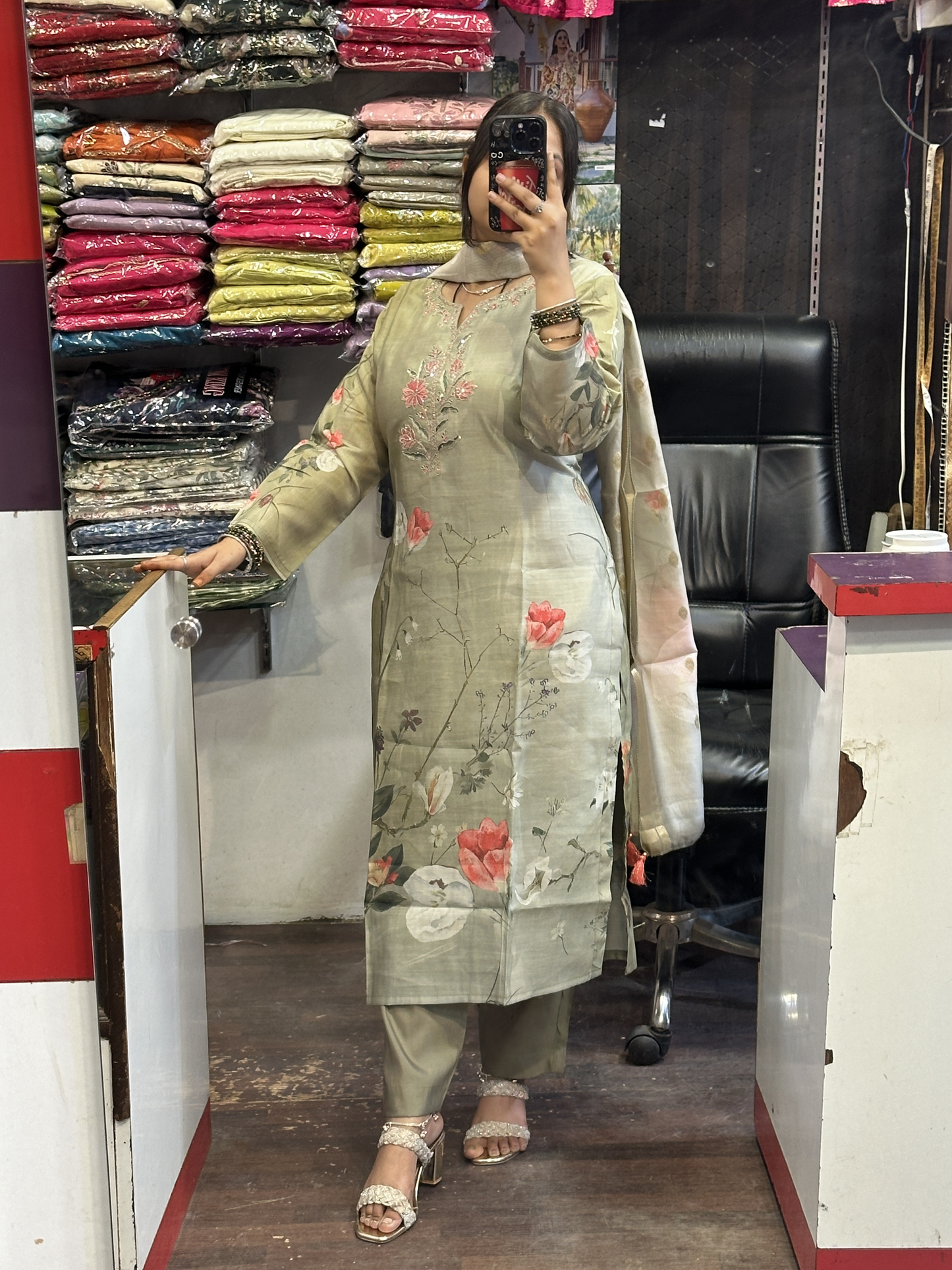 Silk Slub Digital Print Suit with Machine Work in Neckline Having Handmade Tessels with Cotton Lining with Pant & Full Digital Dupatta