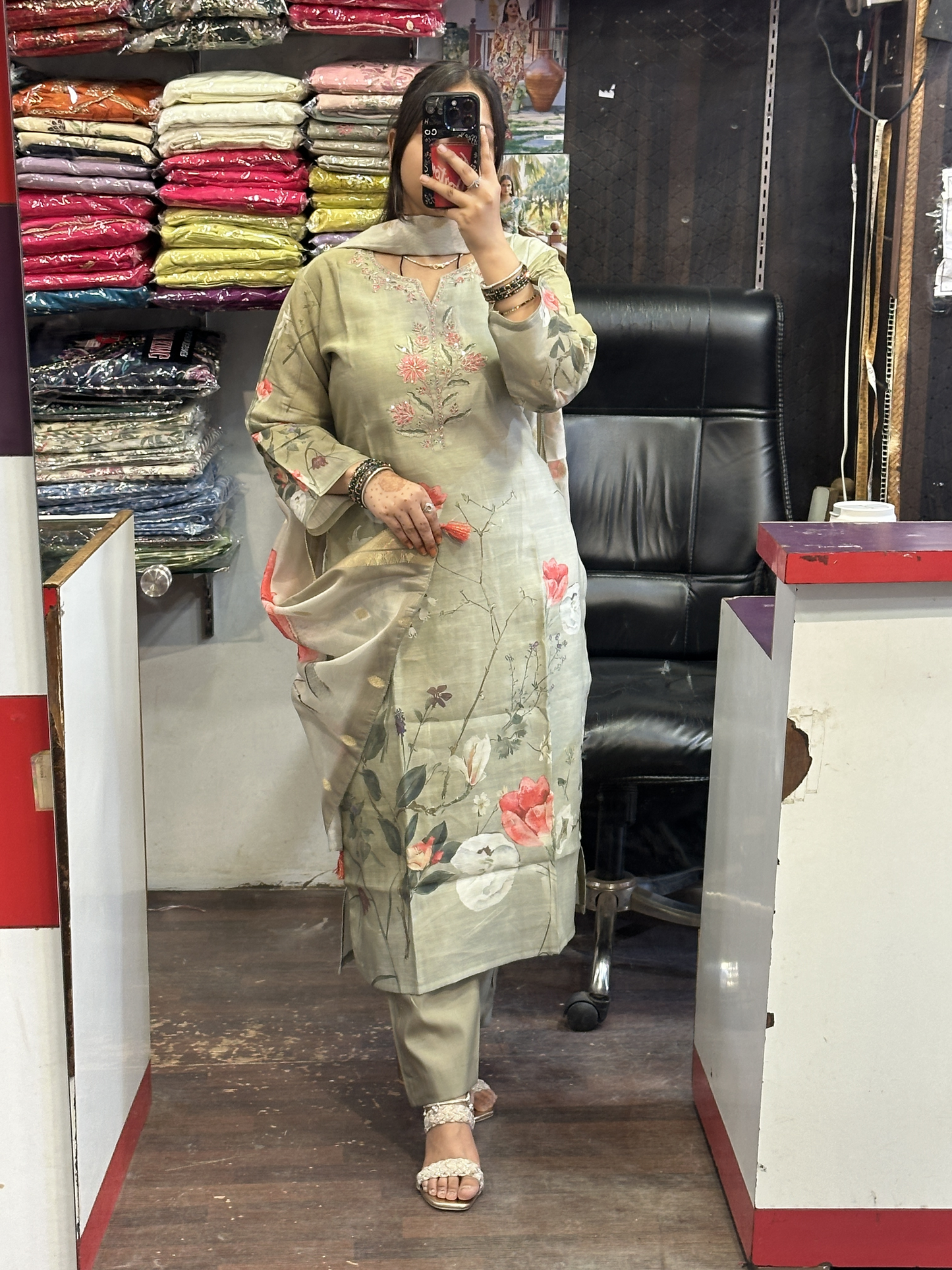 Silk Slub Digital Print Suit with Machine Work in Neckline Having Handmade Tessels with Cotton Lining with Pant & Full Digital Dupatta