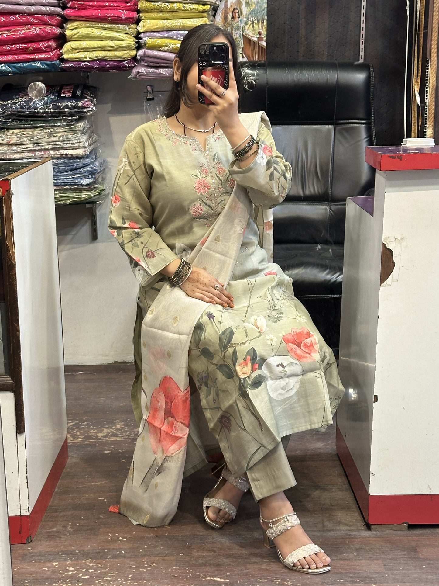 Silk Slub Digital Print Suit with Machine Work in Neckline Having Handmade Tessels with Cotton Lining with Pant & Full Digital Dupatta