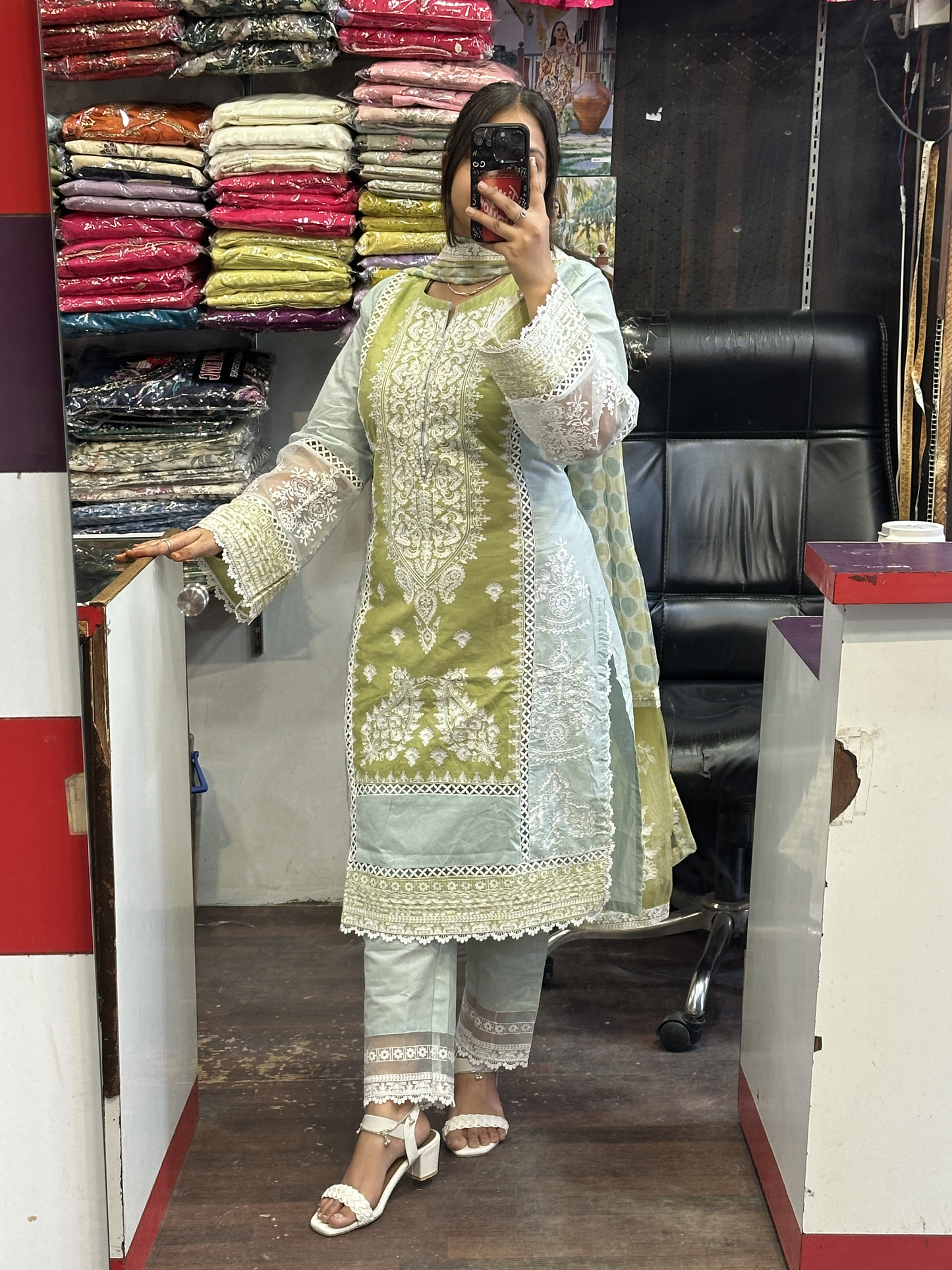 Olive Green Cotton Heavy Embroidered Kashmiri Suit with Beautiful Embroidered Duppata