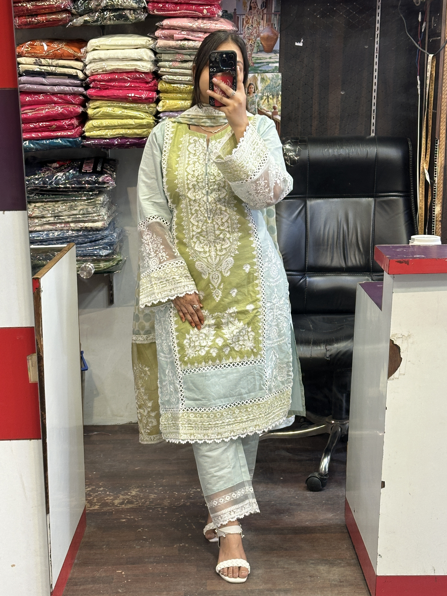 Olive Green Cotton Heavy Embroidered Kashmiri Suit with Beautiful Embroidered Duppata