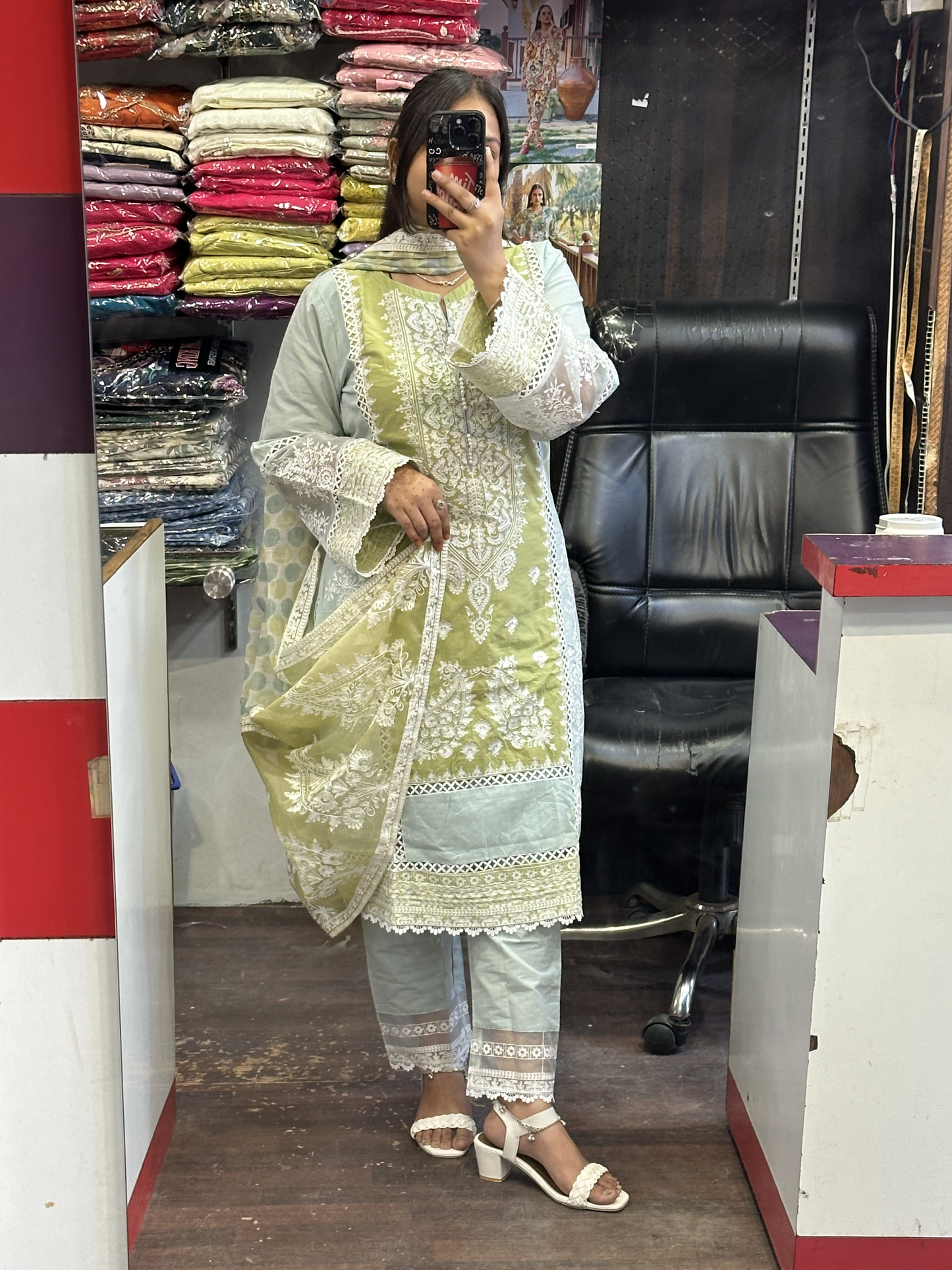 Olive Green Cotton Heavy Embroidered Kashmiri Suit with Beautiful Embroidered Duppata