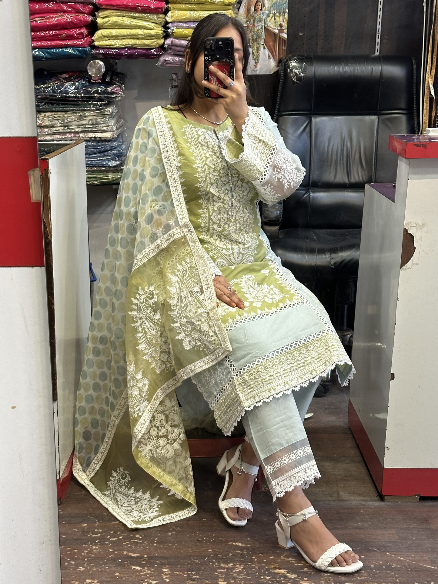 Olive Green Cotton Heavy Embroidered Kashmiri Suit with Beautiful Embroidered Duppata