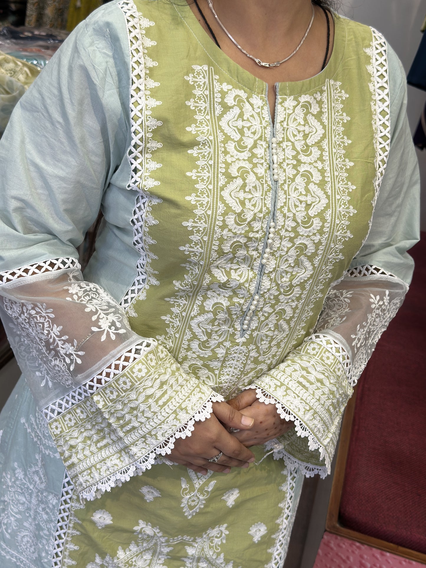 Olive Green Cotton Heavy Embroidered Kashmiri Suit with Beautiful Embroidered Duppata
