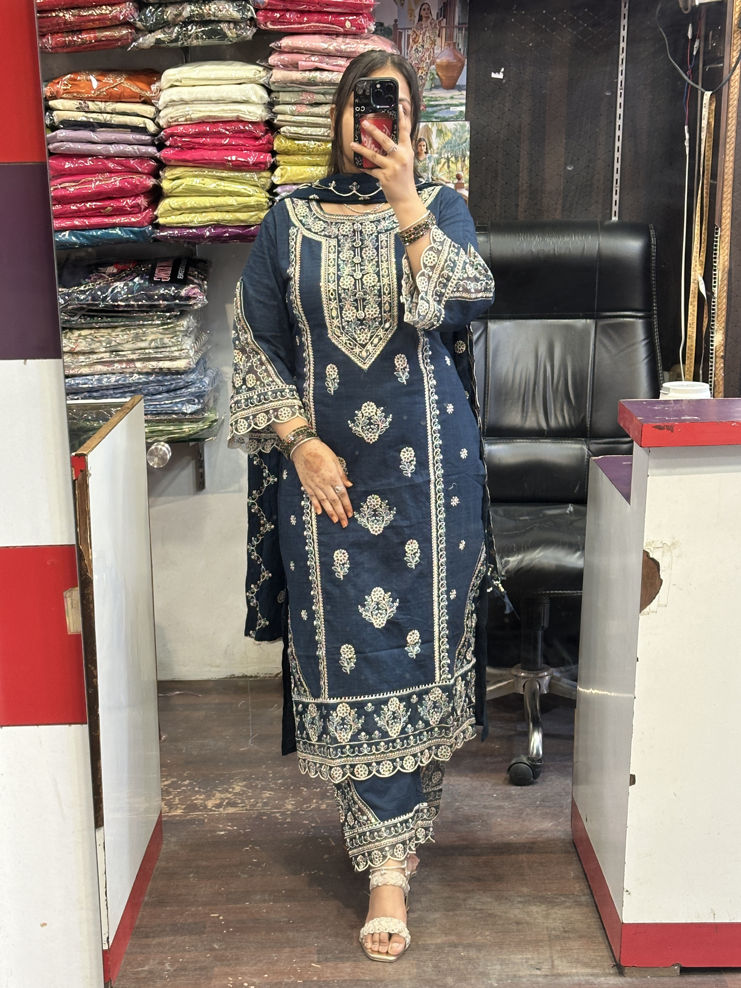 Navy Blue Premium Pure Cotton Embroidered Pakistani Suit with Designer Sleeves and Embroidered Plazo Along Side Full Pure Cotton Embroidered Dupatta