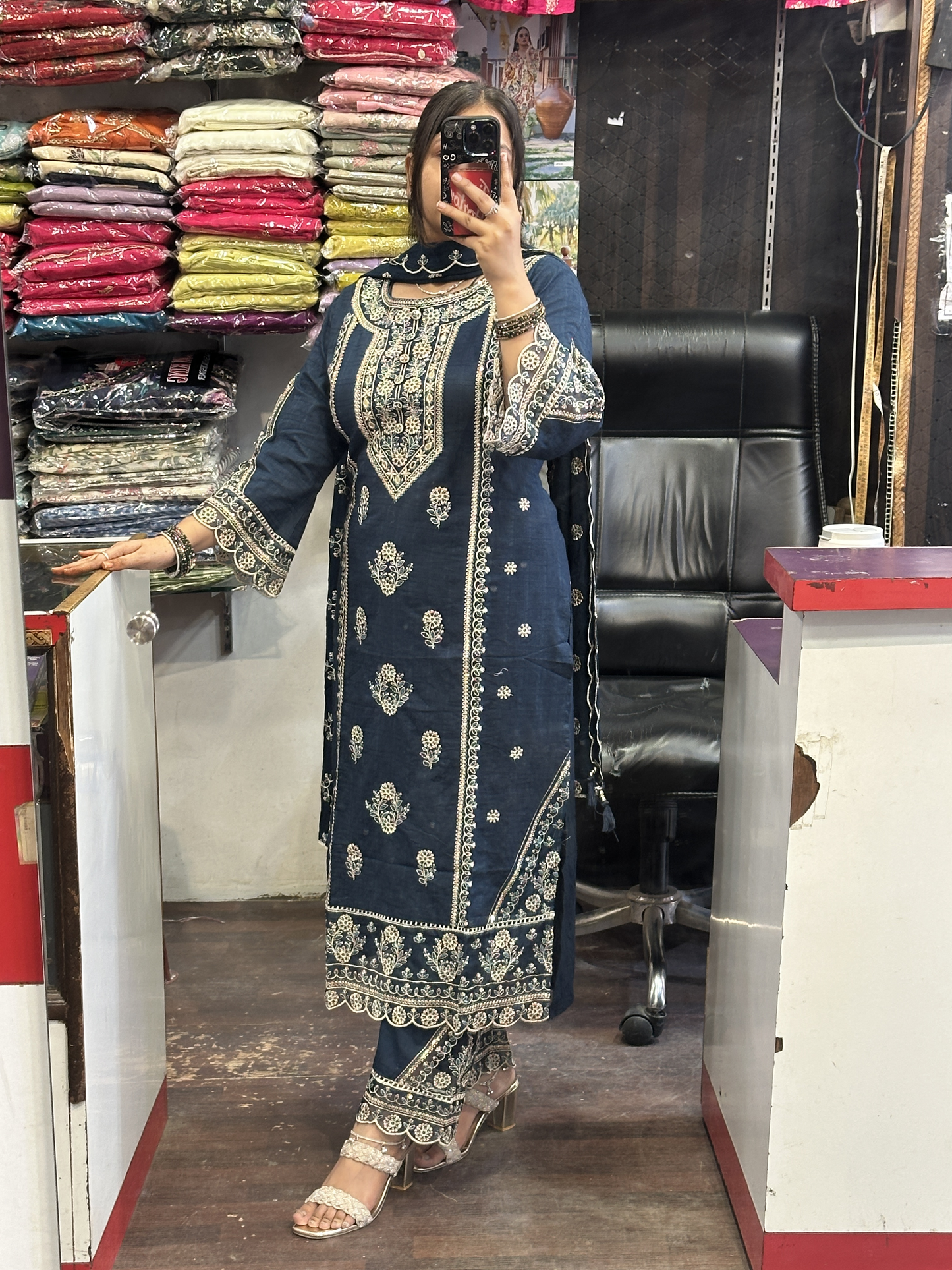 Navy Blue Premium Pure Cotton Embroidered Pakistani Suit with Designer Sleeves and Embroidered Plazo Along Side Full Pure Cotton Embroidered Dupatta