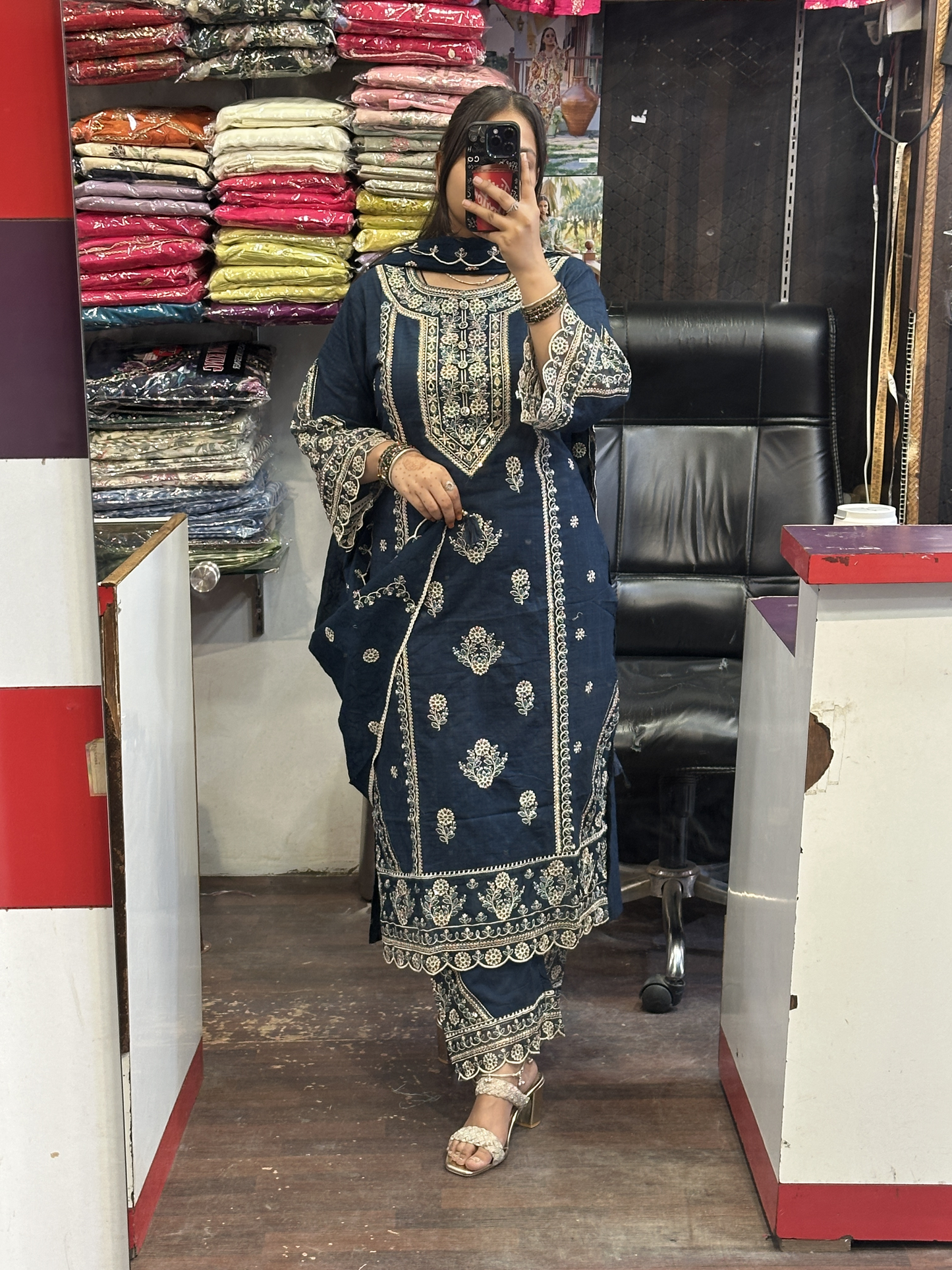 Navy Blue Premium Pure Cotton Embroidered Pakistani Suit with Designer Sleeves and Embroidered Plazo Along Side Full Pure Cotton Embroidered Dupatta