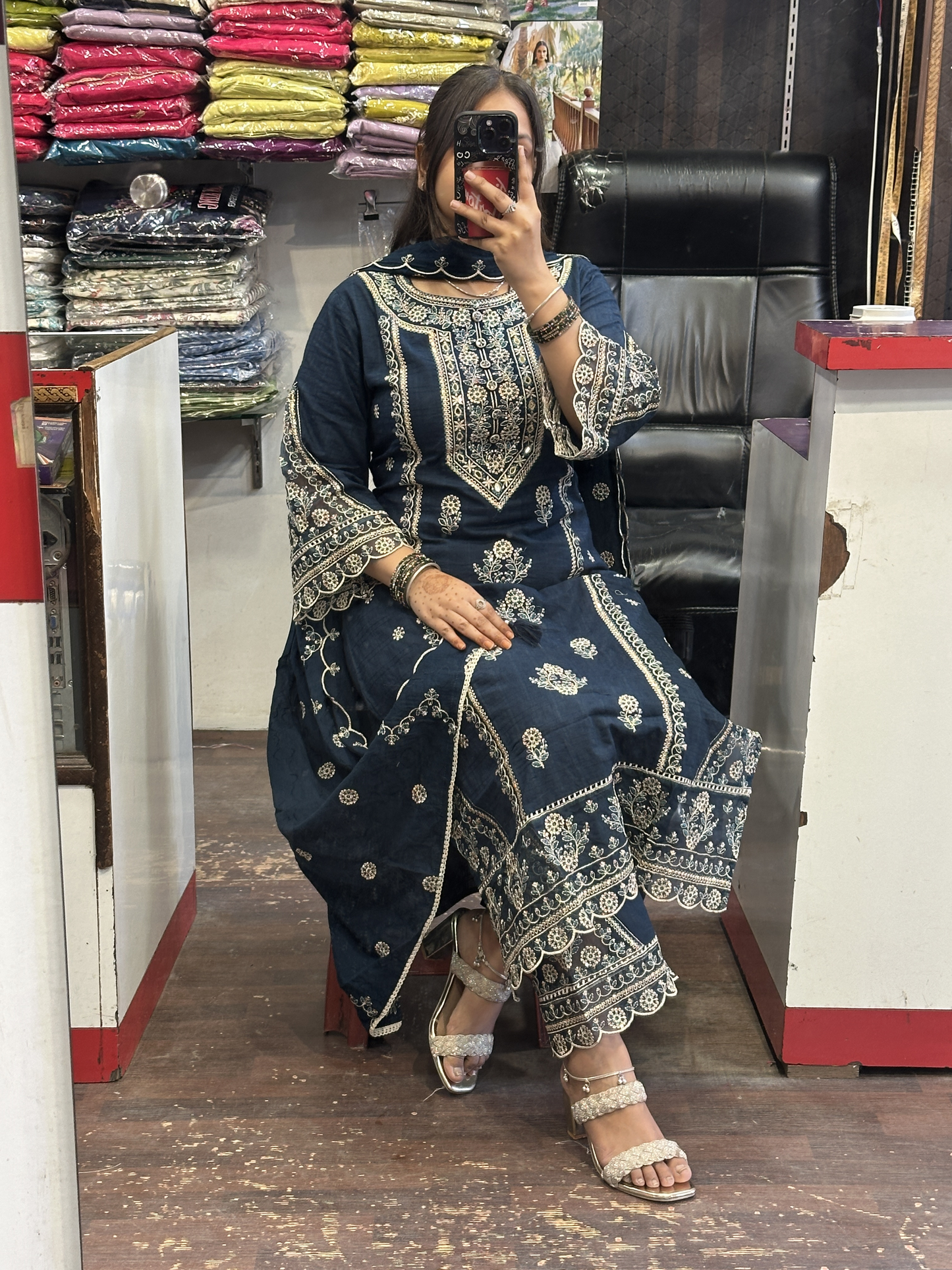 Navy Blue Premium Pure Cotton Embroidered Pakistani Suit with Designer Sleeves and Embroidered Plazo Along Side Full Pure Cotton Embroidered Dupatta