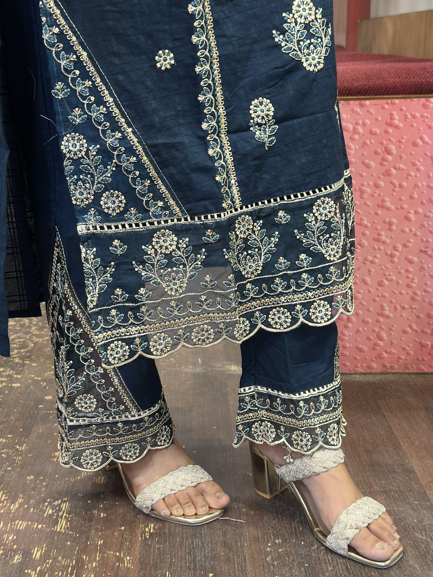 Navy Blue Premium Pure Cotton Embroidered Pakistani Suit with Designer Sleeves and Embroidered Plazo Along Side Full Pure Cotton Embroidered Dupatta