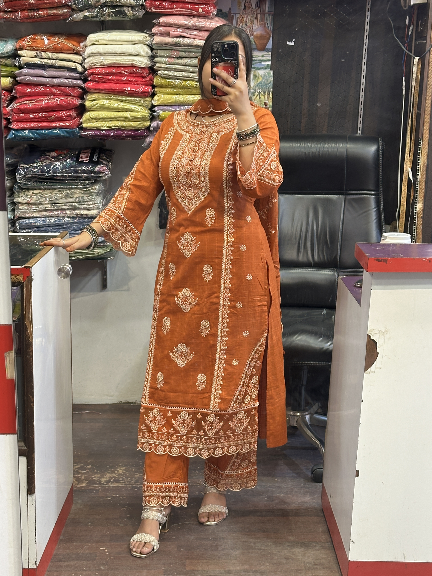 Rust Premium Pure Cotton Embroidered Pakistani Suit with Designer Sleeves and Embroidered Plazo Along Side Full Pure Cotton Embroidered Dupatta