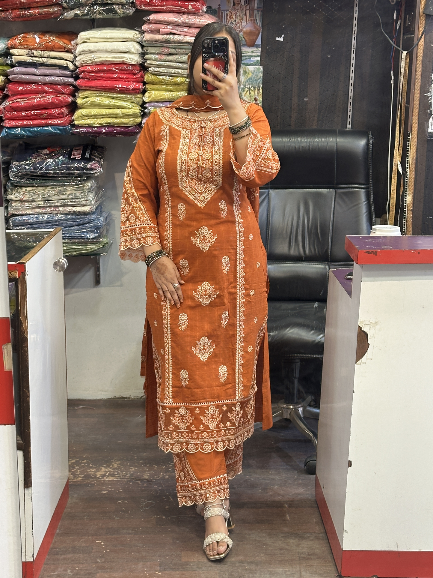 Rust Premium Pure Cotton Embroidered Pakistani Suit with Designer Sleeves and Embroidered Plazo Along Side Full Pure Cotton Embroidered Dupatta