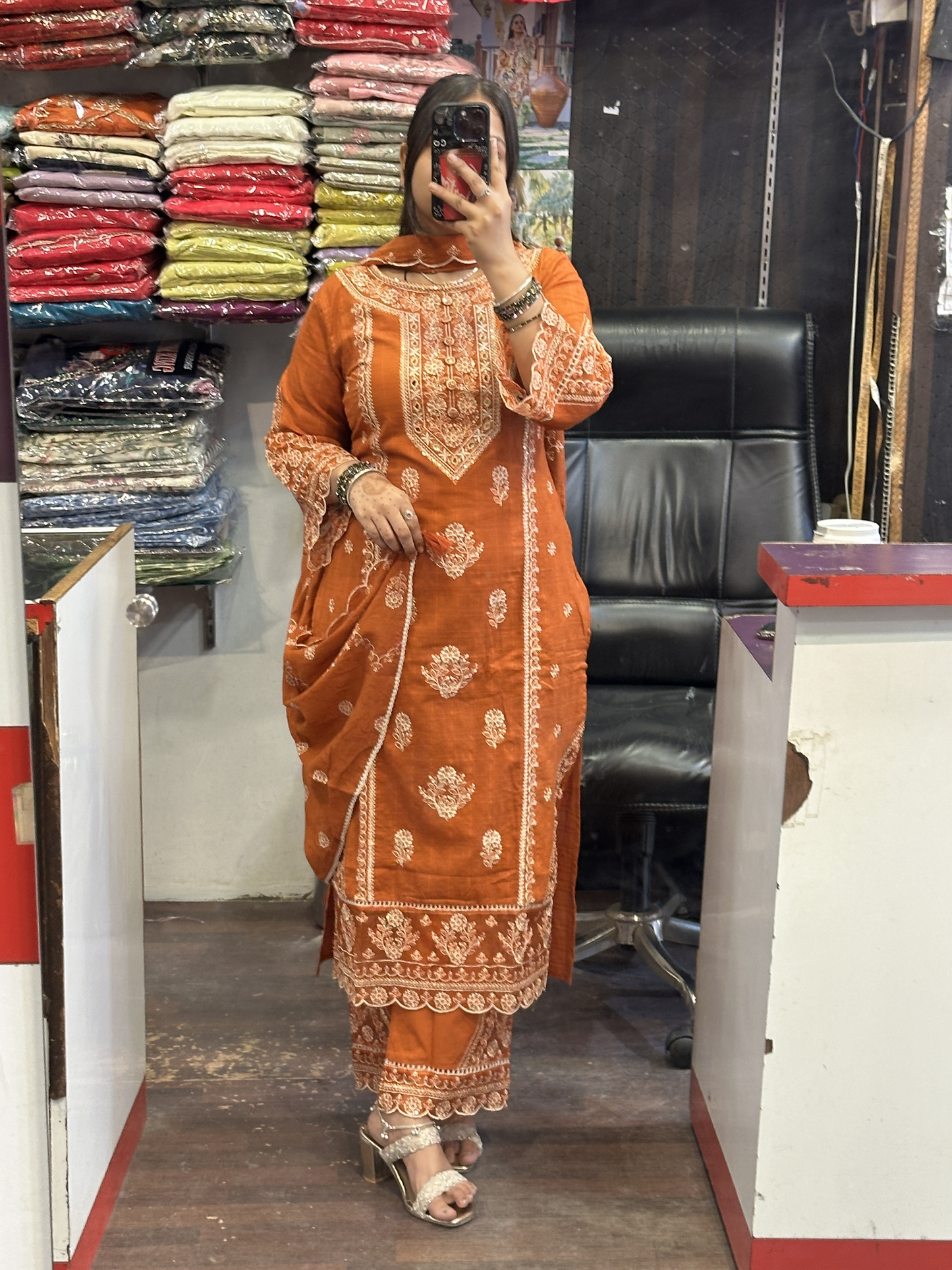 Rust Premium Pure Cotton Embroidered Pakistani Suit with Designer Sleeves and Embroidered Plazo Along Side Full Pure Cotton Embroidered Dupatta