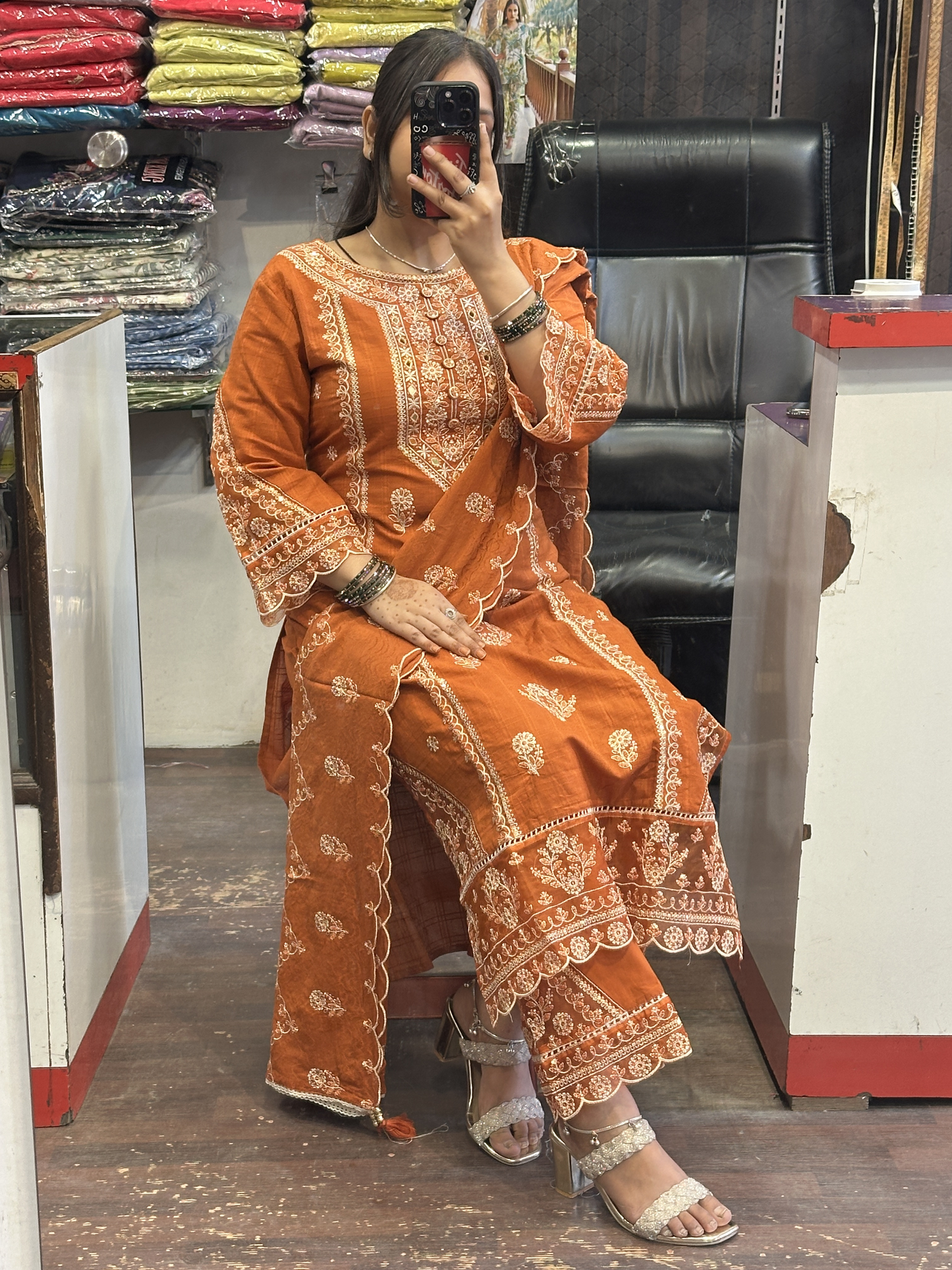Rust Premium Pure Cotton Embroidered Pakistani Suit with Designer Sleeves and Embroidered Plazo Along Side Full Pure Cotton Embroidered Dupatta
