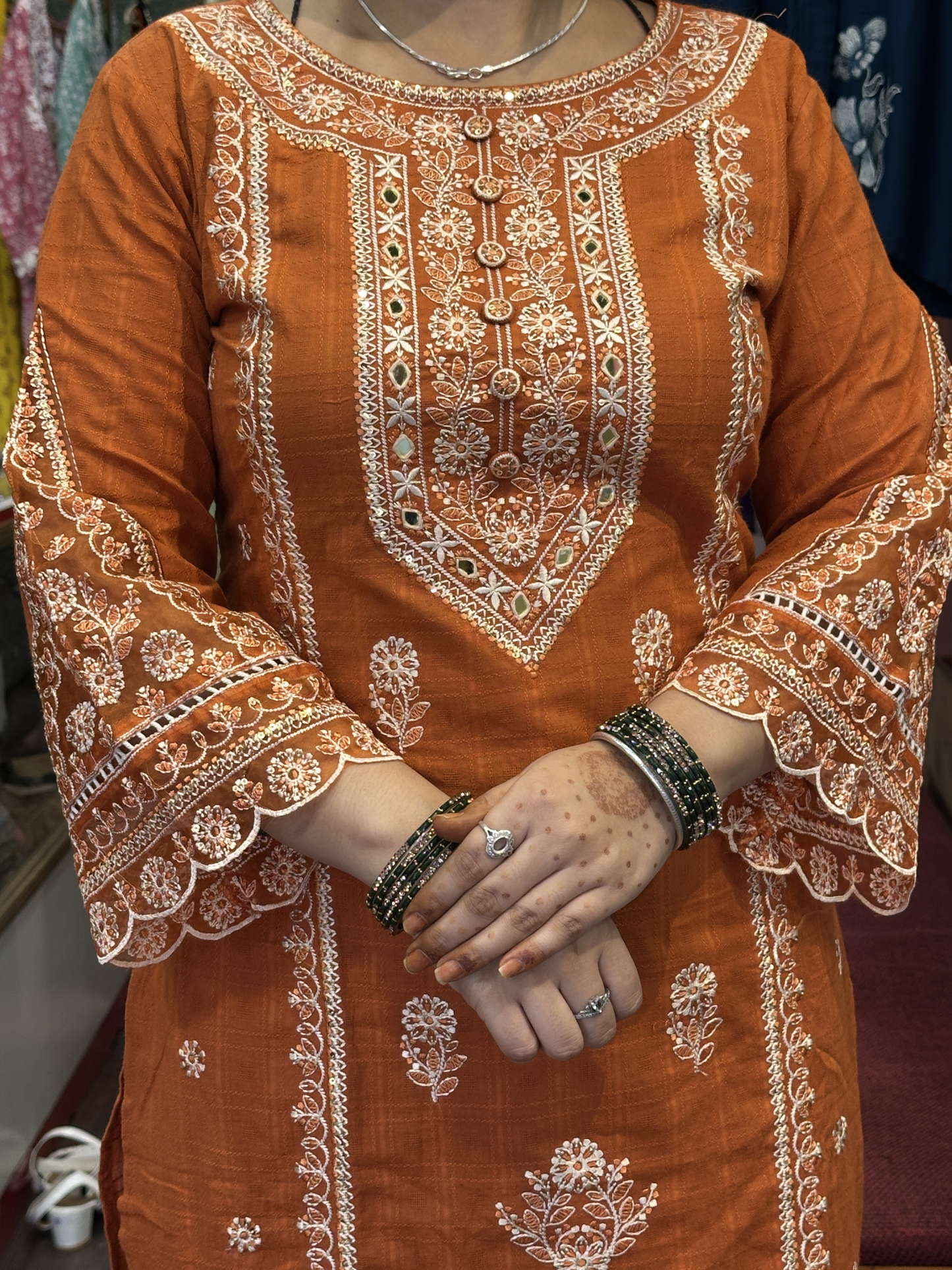 Rust Premium Pure Cotton Embroidered Pakistani Suit with Designer Sleeves and Embroidered Plazo Along Side Full Pure Cotton Embroidered Dupatta