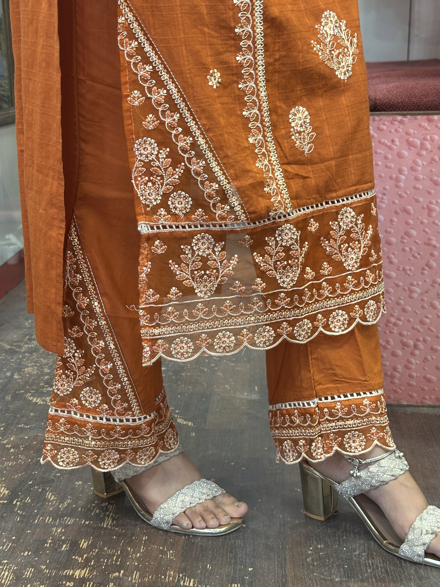 Rust Premium Pure Cotton Embroidered Pakistani Suit with Designer Sleeves and Embroidered Plazo Along Side Full Pure Cotton Embroidered Dupatta