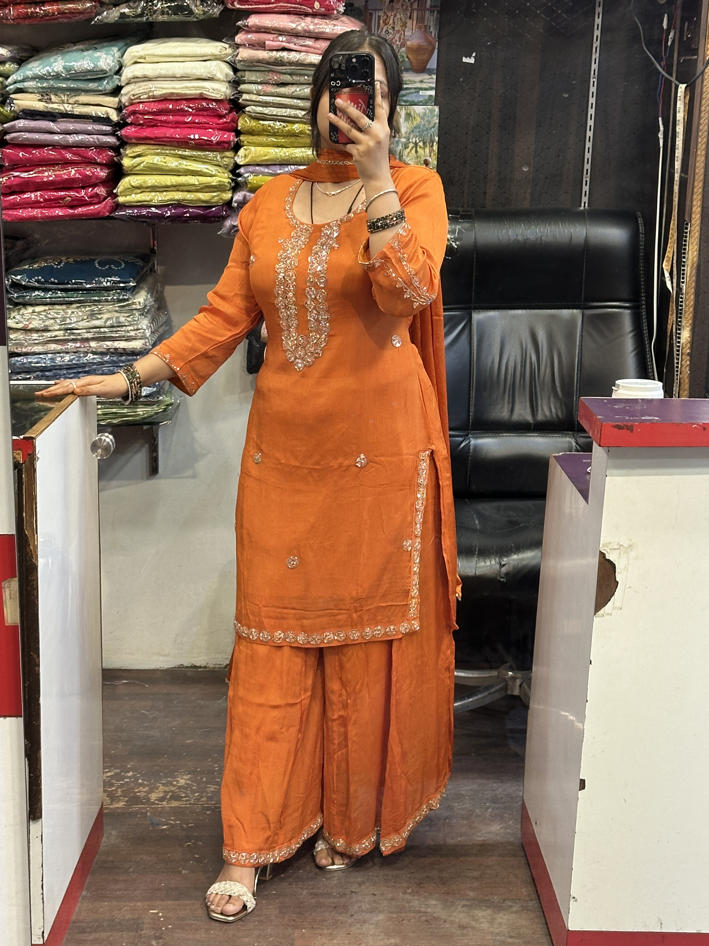 Rust Orange Pure Chinnon Embroidered Short Kurti Dress with Lining & Embroidered Full Flared Divider with Full Embroidered Dupatta