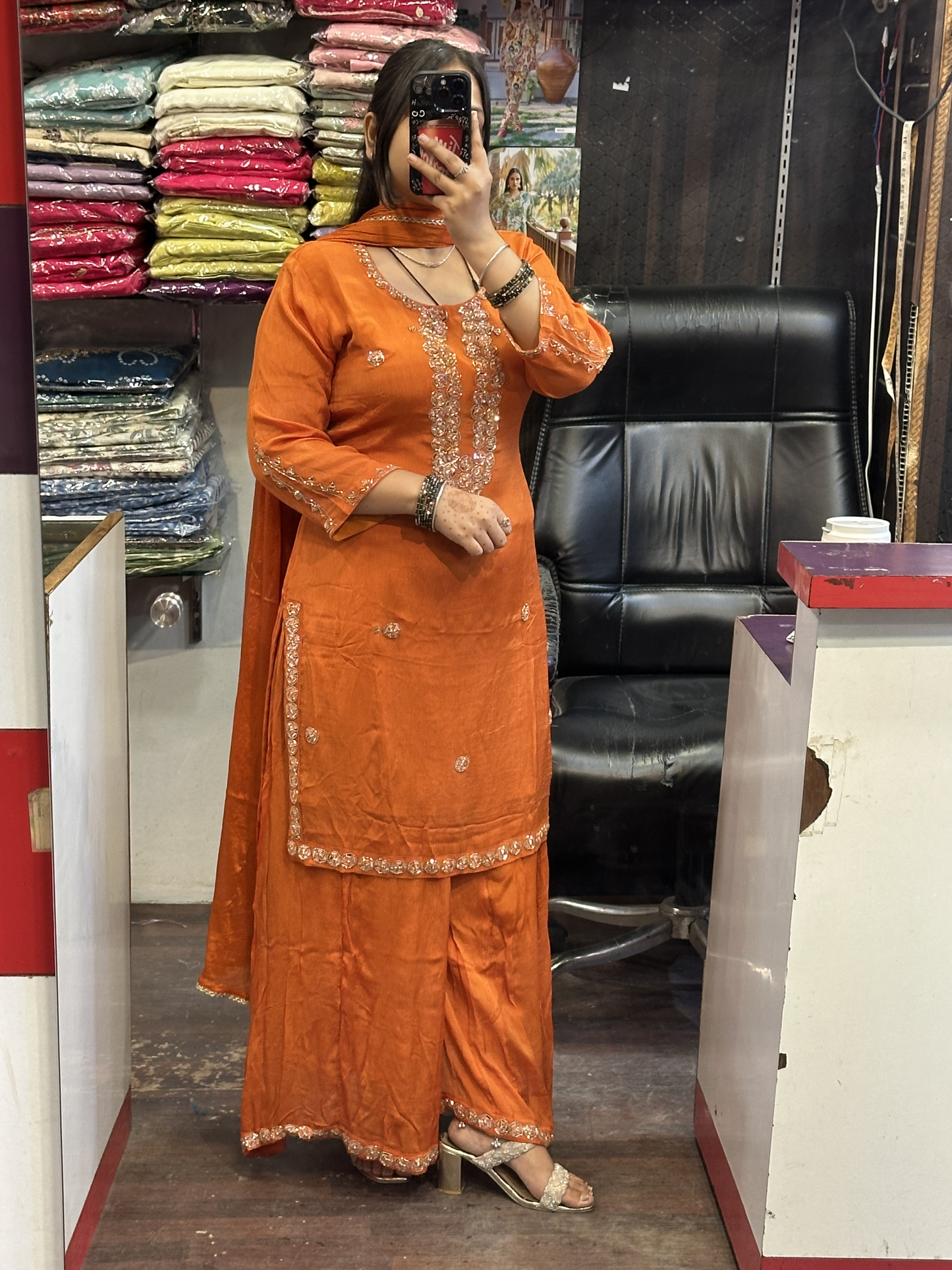 Rust Orange Pure Chinnon Embroidered Short Kurti Dress with Lining & Embroidered Full Flared Divider with Full Embroidered Dupatta