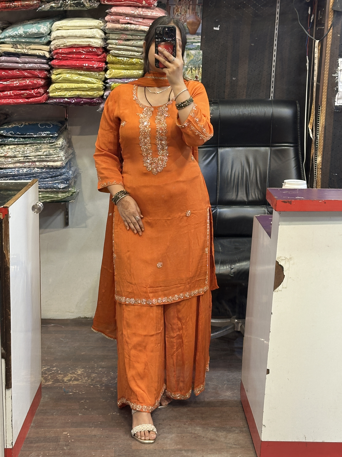 Rust Orange Pure Chinnon Embroidered Short Kurti Dress with Lining & Embroidered Full Flared Divider with Full Embroidered Dupatta