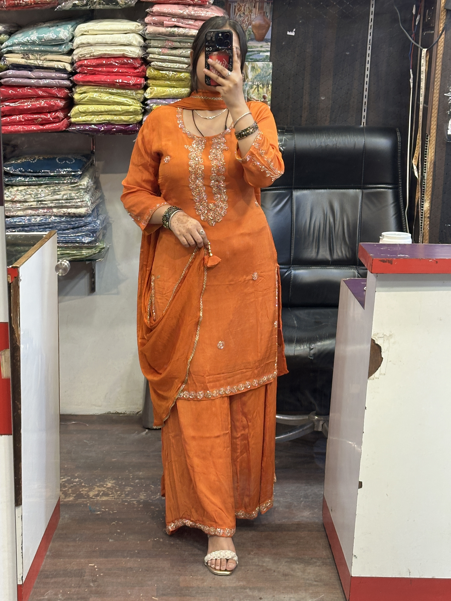 Rust Orange Pure Chinnon Embroidered Short Kurti Dress with Lining & Embroidered Full Flared Divider with Full Embroidered Dupatta