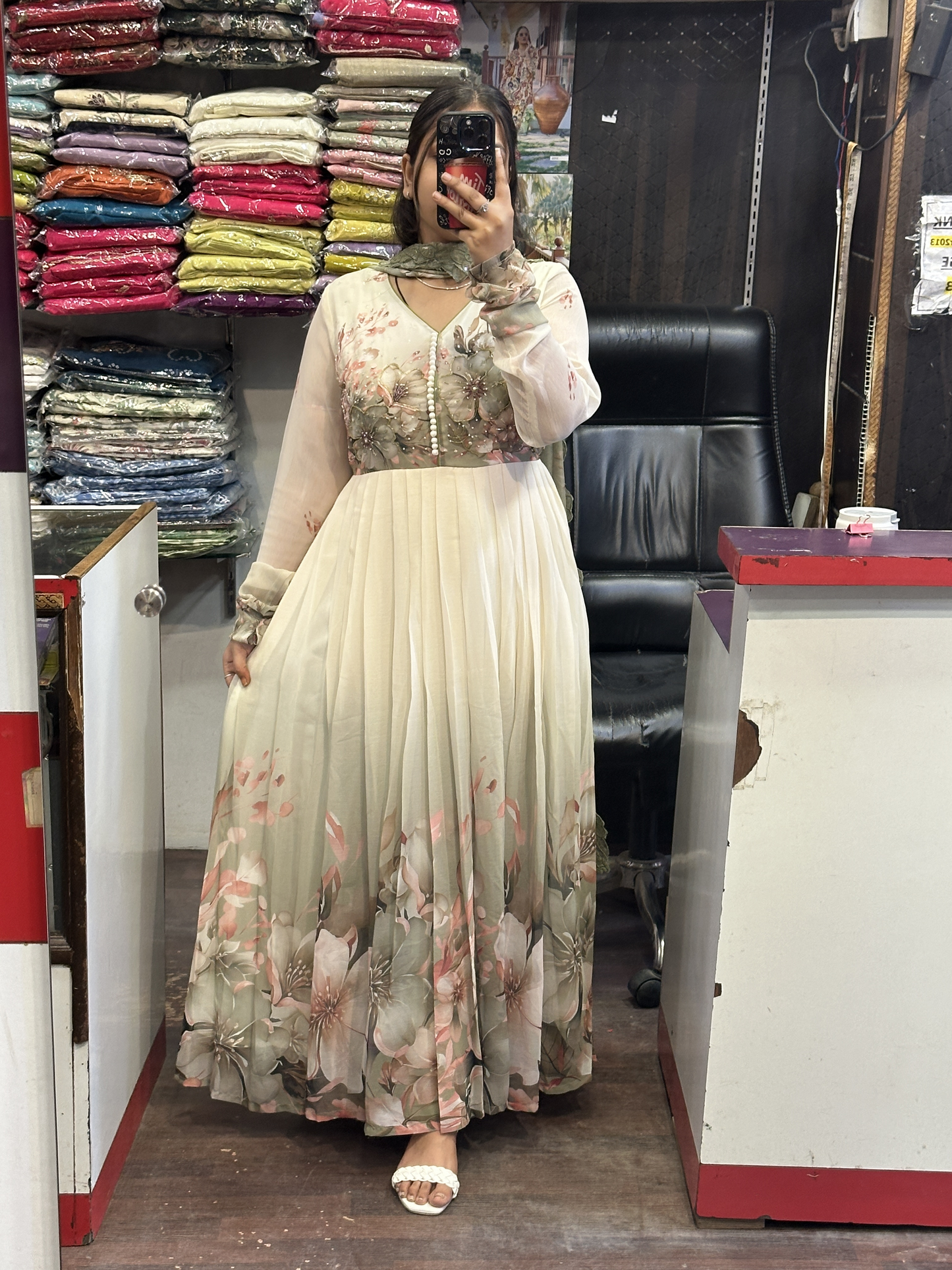 Cream Soft Chiffon Floral Print Full Flair Anarkali Suit with Hand Embroidery Work on Neck & Embroidered Organza Dupatta