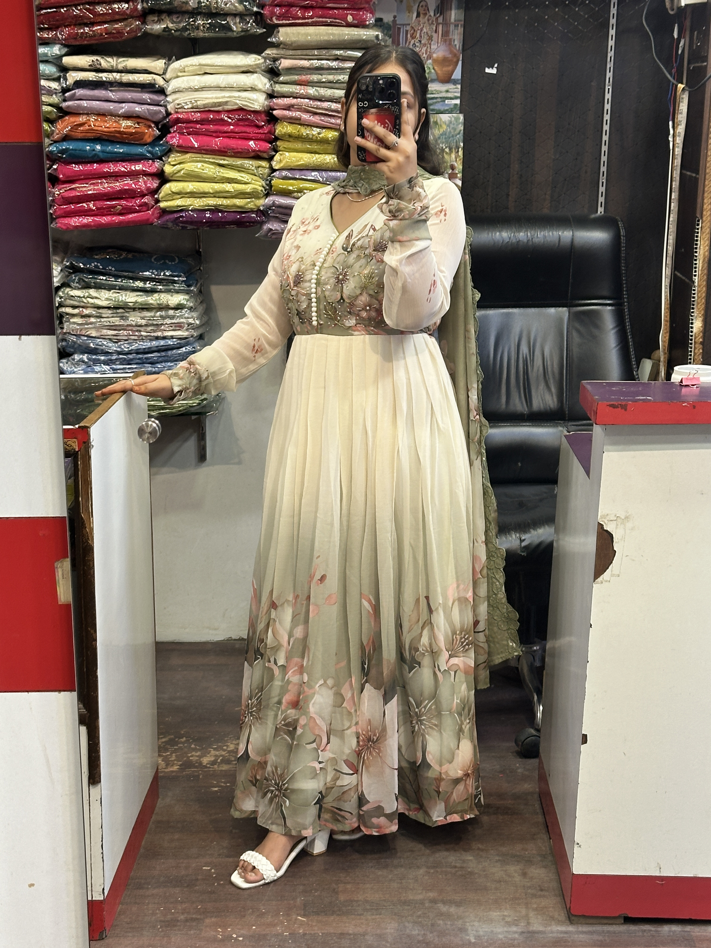 Cream Soft Chiffon Floral Print Full Flair Anarkali Suit with Hand Embroidery Work on Neck & Embroidered Organza Dupatta
