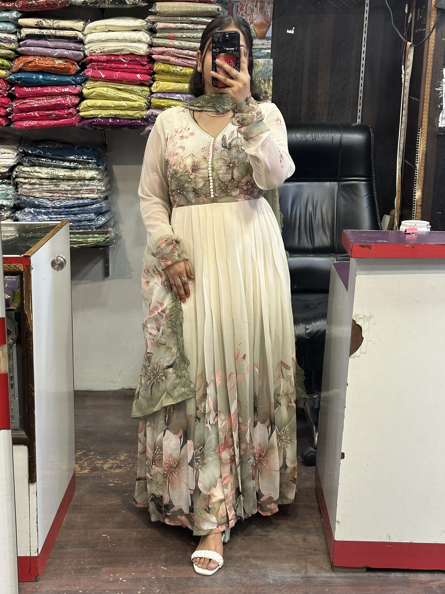 Cream Soft Chiffon Floral Print Full Flair Anarkali Suit with Hand Embroidery Work on Neck & Embroidered Organza Dupatta