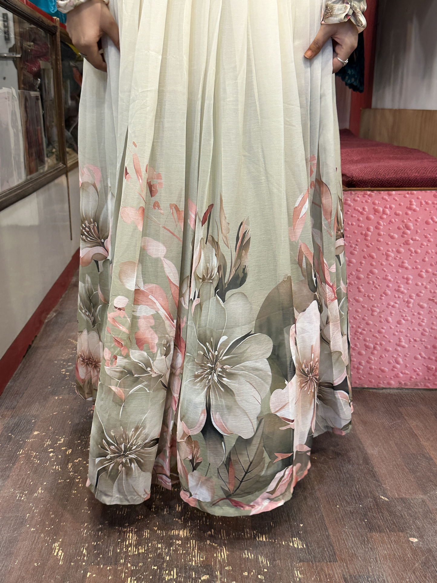 Cream Soft Chiffon Floral Print Full Flair Anarkali Suit with Hand Embroidery Work on Neck & Embroidered Organza Dupatta