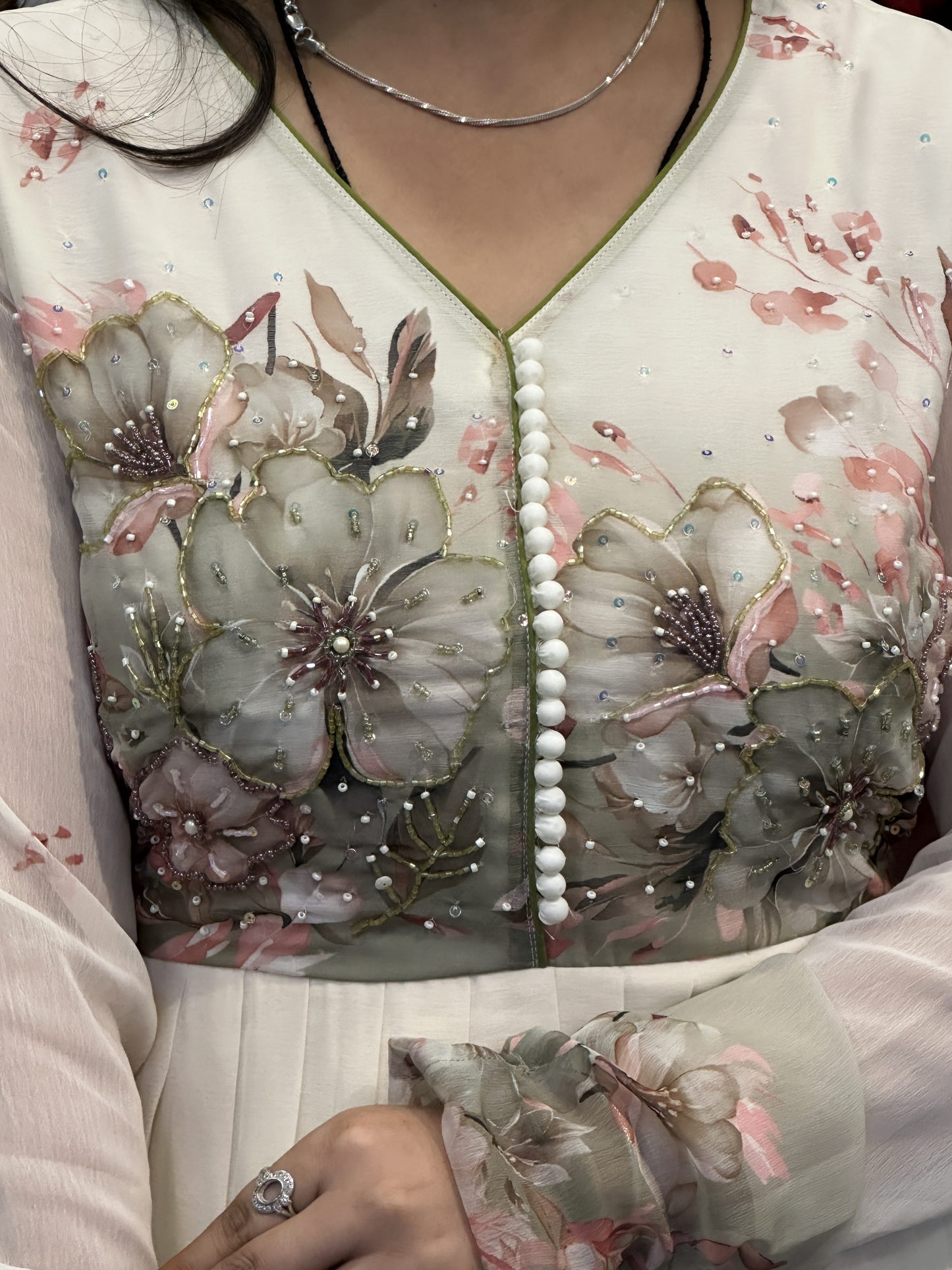 Cream Soft Chiffon Floral Print Full Flair Anarkali Suit with Hand Embroidery Work on Neck & Embroidered Organza Dupatta