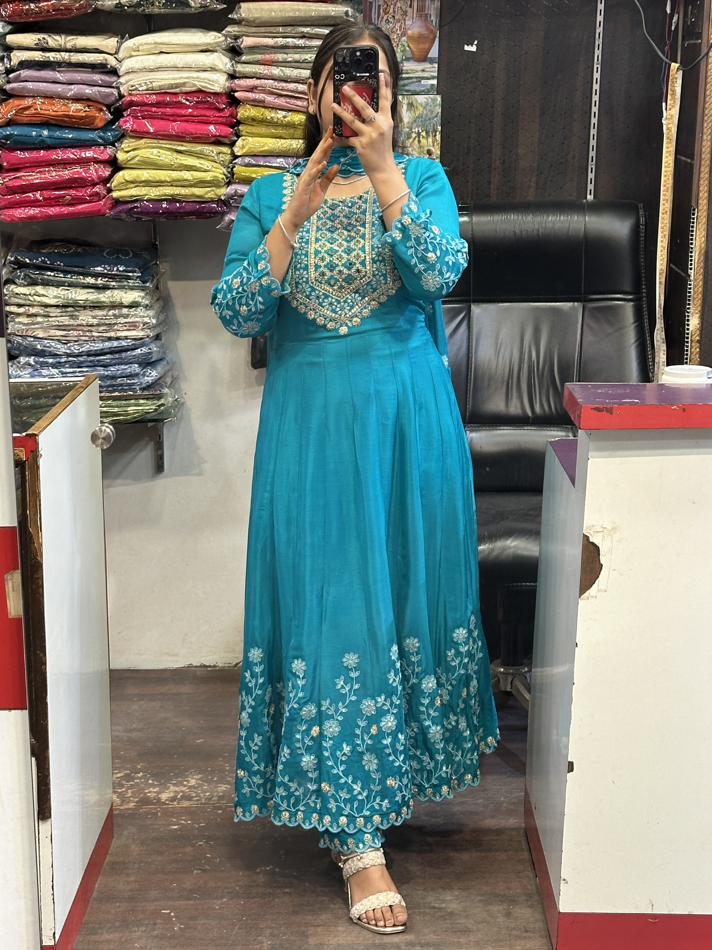 Sky blue Pure chinnon with Handwork on Neck and full Flair Anarkali Suit with Embroidered Chinnon Dupatta & Pant