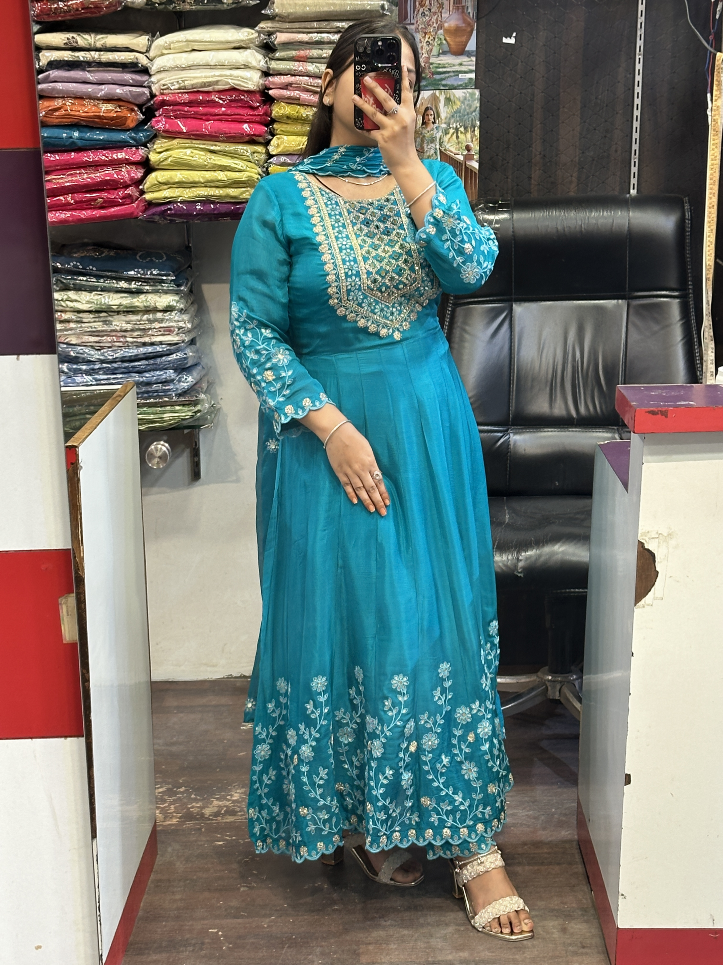 Sky blue Pure chinnon with Handwork on Neck and full Flair Anarkali Suit with Embroidered Chinnon Dupatta & Pant