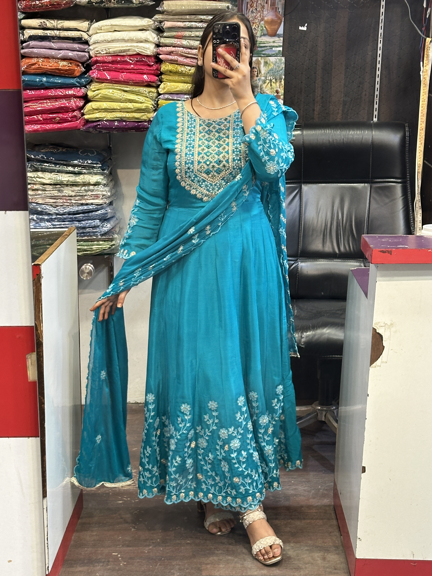 Sky blue Pure chinnon with Handwork on Neck and full Flair Anarkali Suit with Embroidered Chinnon Dupatta & Pant
