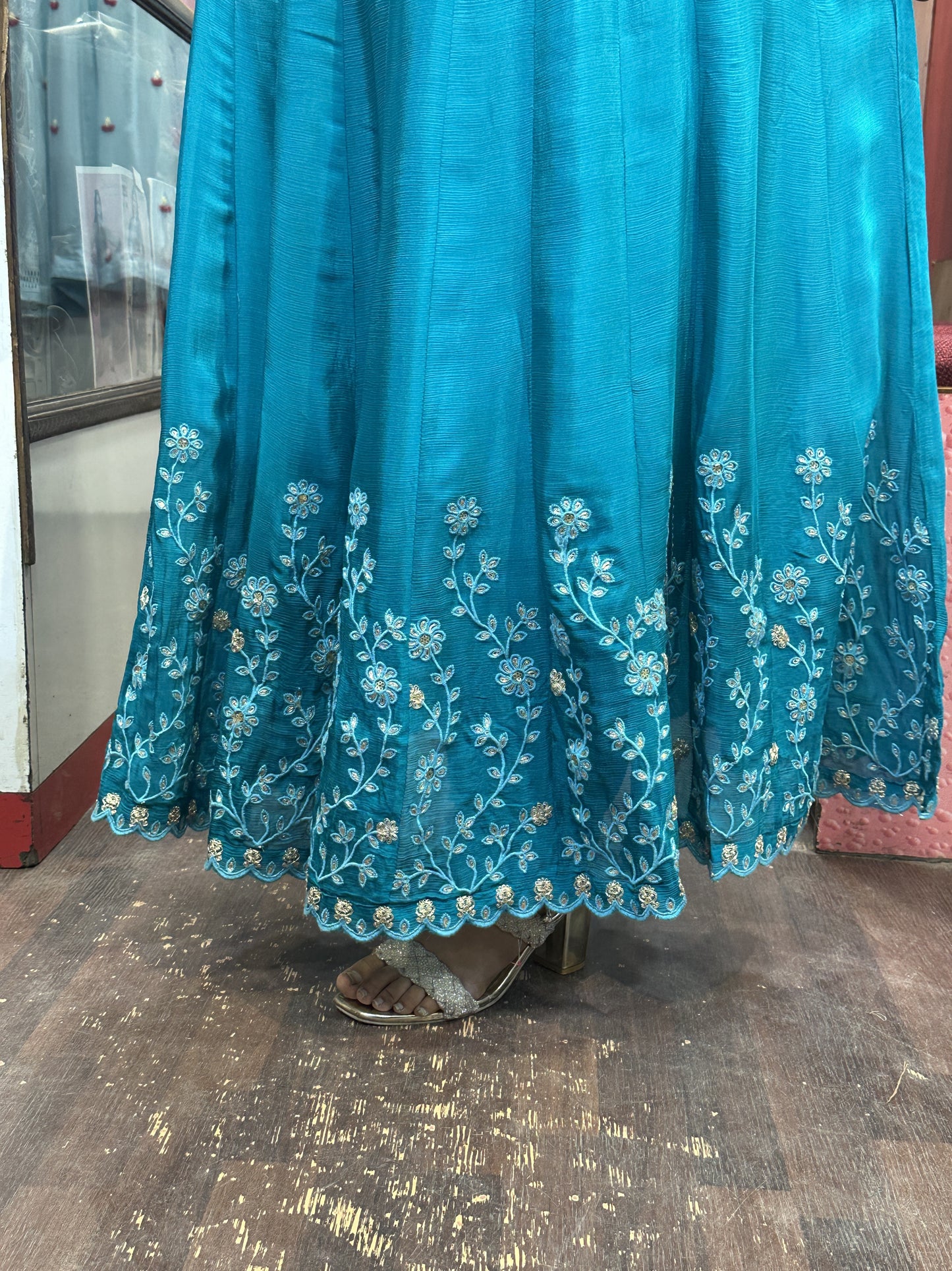 Sky blue Pure chinnon with Handwork on Neck and full Flair Anarkali Suit with Embroidered Chinnon Dupatta & Pant